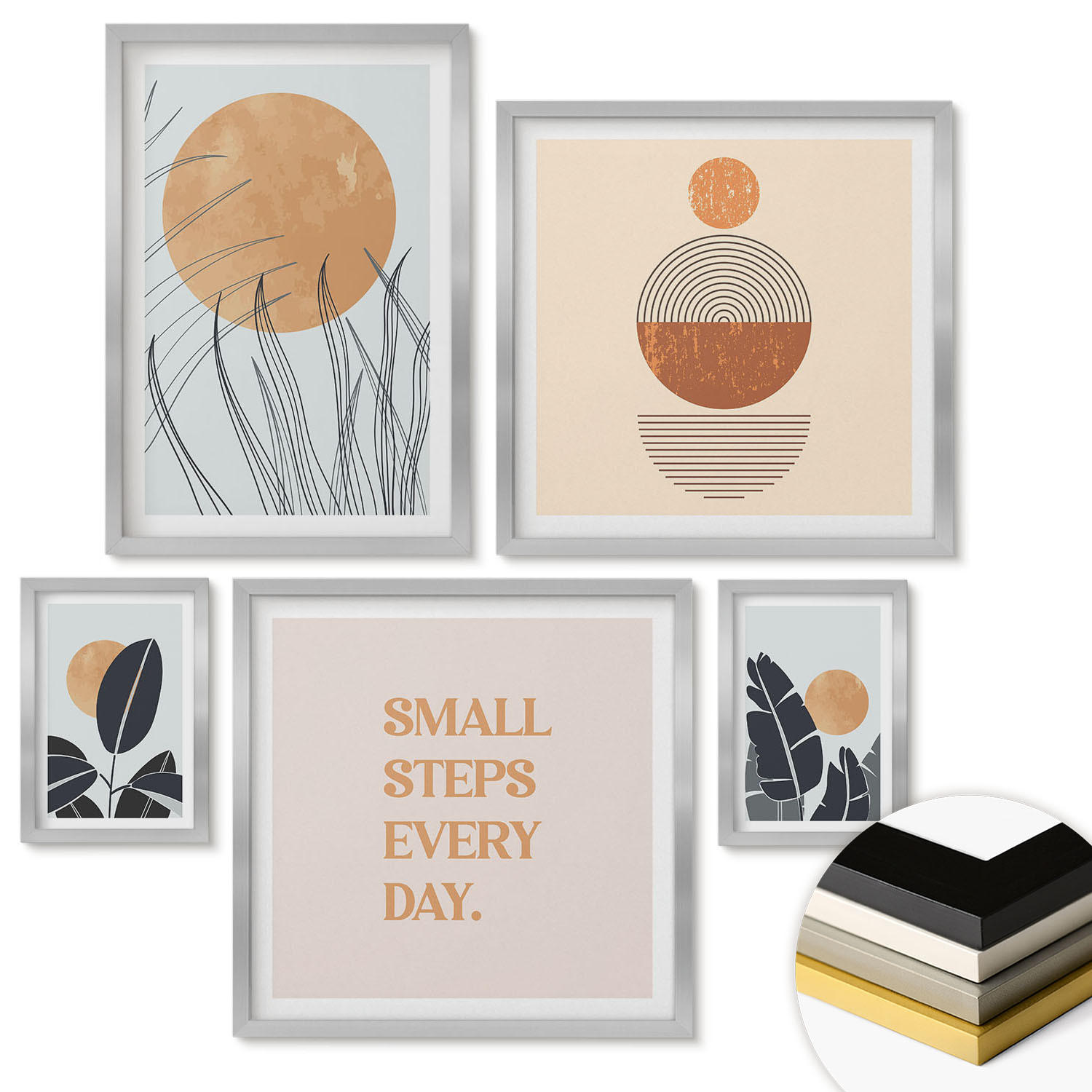 WANDBILDER 5er Set - 50x50 cm & 20x30 cm & 40x60 cm Silberner Rahmen - Waldnebel, Fluss, Gewächshauspflanzen - Silberfarben, Kunststoff (40/60cm) - ArtPrintCave