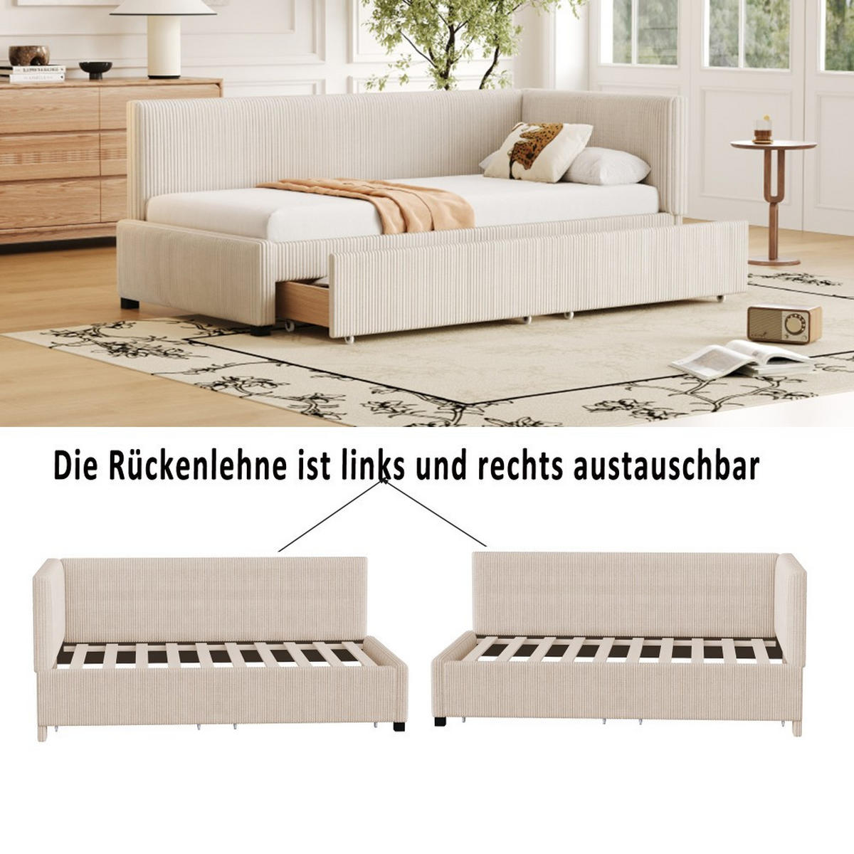 SCHLAFSOFA 90x200 cm in Beige Samtstoff mit 2 großen Stauraumschubladen - Beige, Holz/Textil (97/68/204.5cm) - KOMHTOM