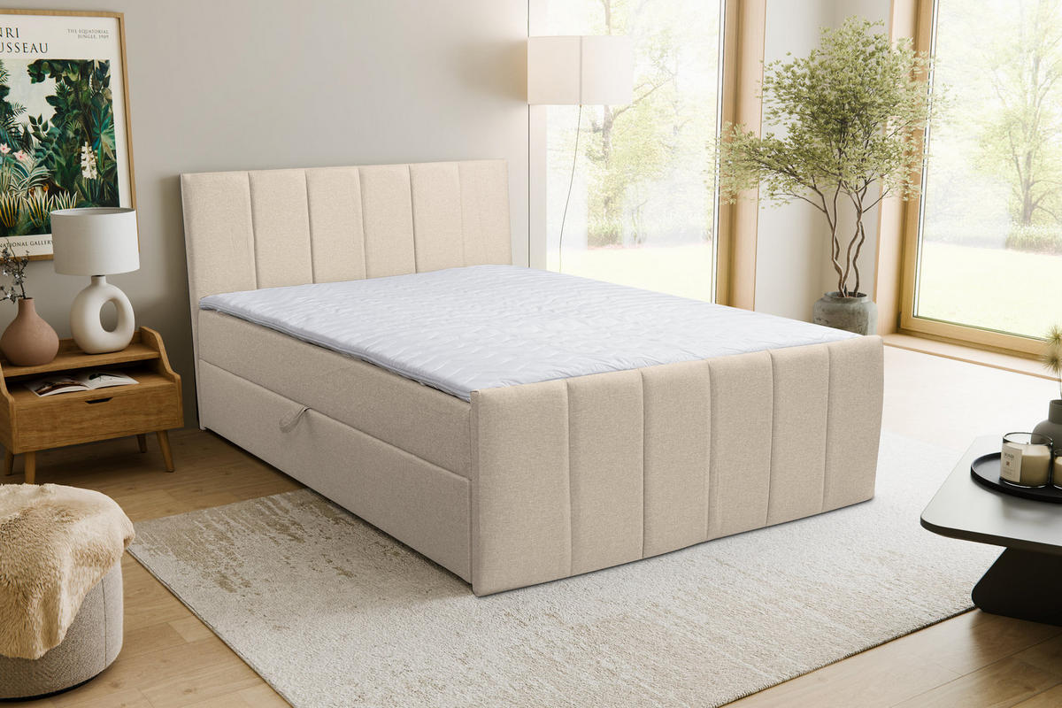 BOXBETT CLAUDINE mit 2 Bettkästen, 160x200, Farbe: Beige, Velourstoff, mit Bonell-Matratze inkl. Topper - Beige, Holz/Kunststoff (160/200cm) - VENASI MÖBEL