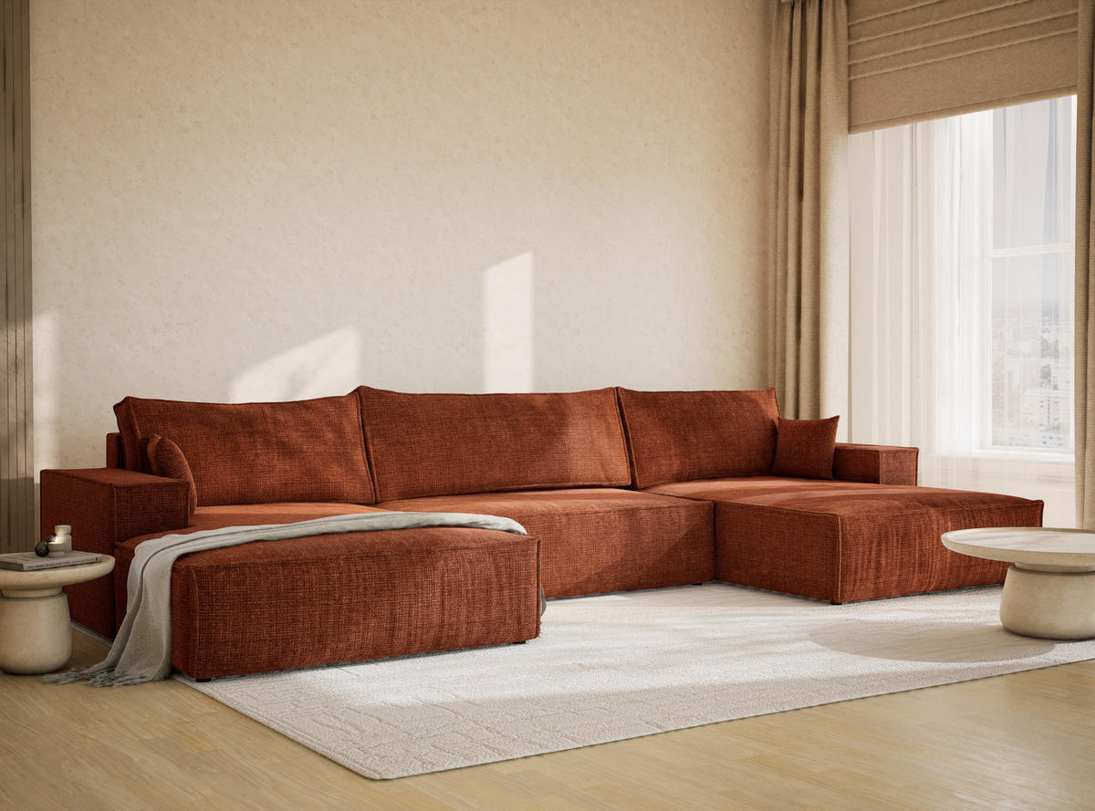 WOHNLANDSCHAFT Kyoto Kupferfarbe Chenille-Stoff - Schwarz/Kupferfarben, Holz/Holzwerkstoff (398/70/148cm) - Maison de Reve