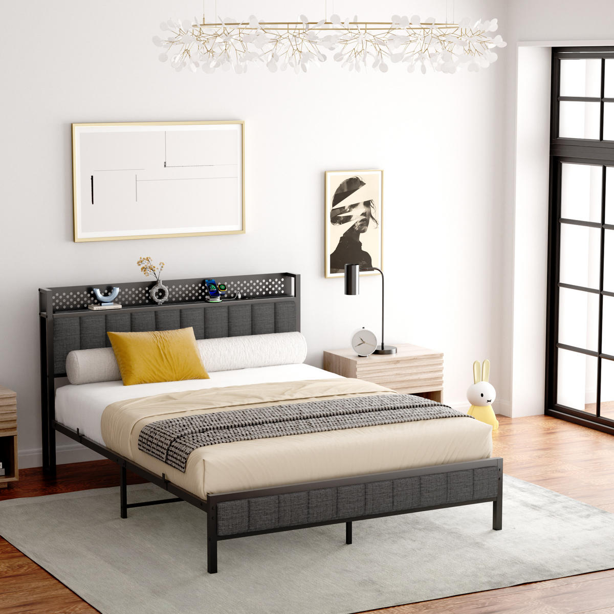 METALLBETT 140/200 mit Matratze und Gepolstertes Kopfteil Jugendbett mit LED und Steckdose, 27 cm Bodenfreiheit - Schwarz/Grau, Holzwerkstoff/Textil (140/200cm) - STILVORA