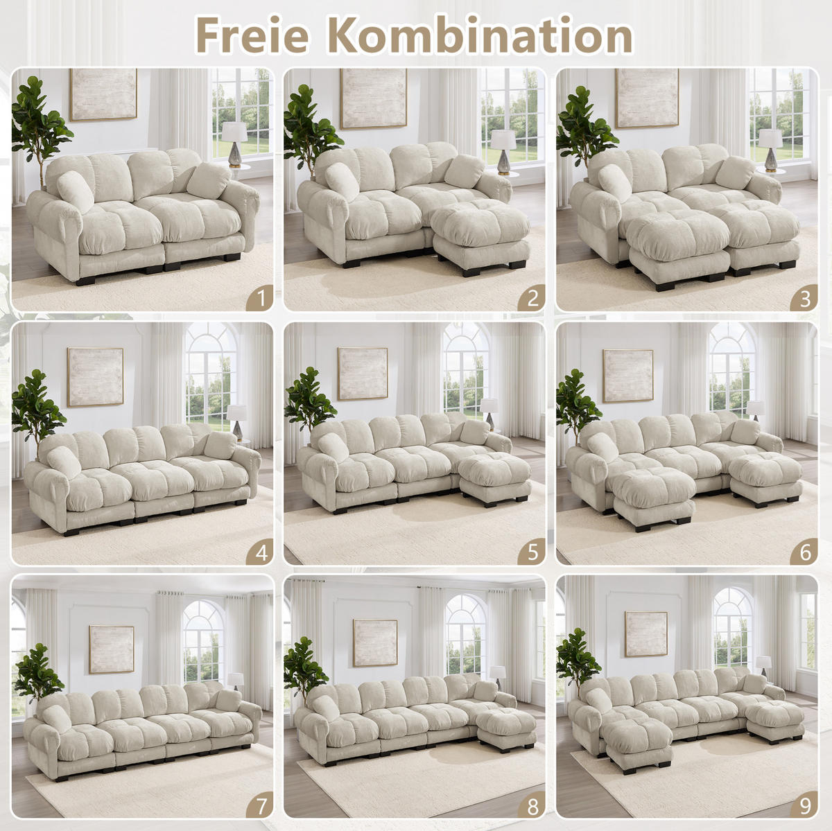 SOFA modular mit Steppnaht Chenille Light Khaki - Cappuccino, Textil (260/90/86cm) - IVMEU