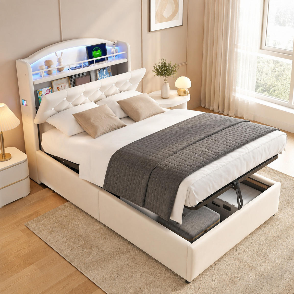 POLSTERBETT 90/200 mit Bettkasten, LED und USB in Beige - Beige, Holzwerkstoff/Textil (90/200cm) - EVRYAE