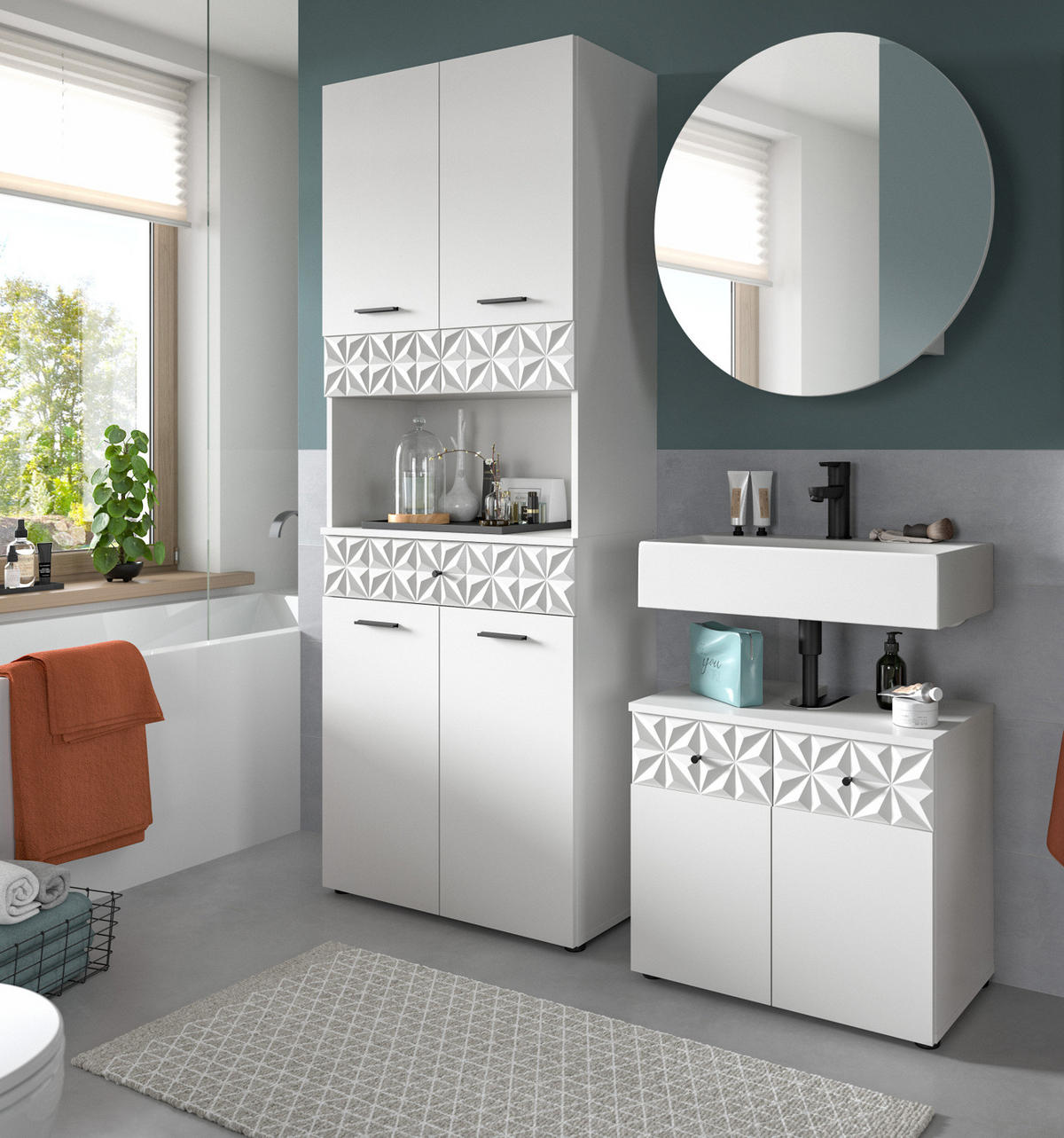 WASCHBECKENUNTERSCHRANK weiß Hochglanz 60 cm, Badschrank mit 3D-Struktur - Weiß Hochglanz/Schwarz, Holzwerkstoff/Kunststoff (60/54/34cm) - Inn.Furn