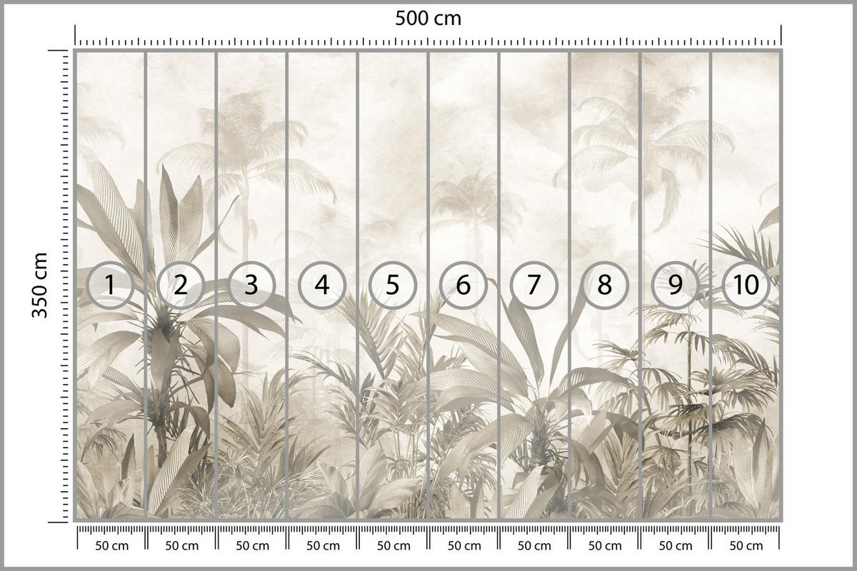 FOTOTAPETE für Wohnzimmer Vintage Tropischer Wald Palmen Blätter 500x350 - Beige/Grau, Papier (500/350cm) - Muralo