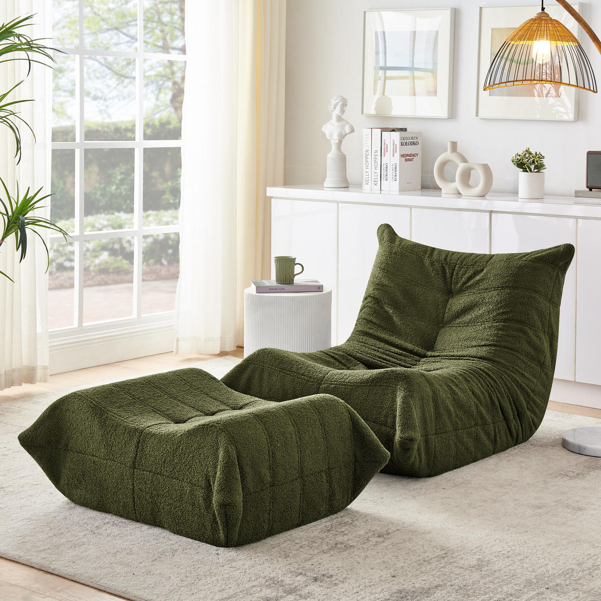 STOFFSOFA,SITZSACK Sofa mit Rückenlehne und Fußhocker, Grau - Grün, Textil (90/70/100cm)