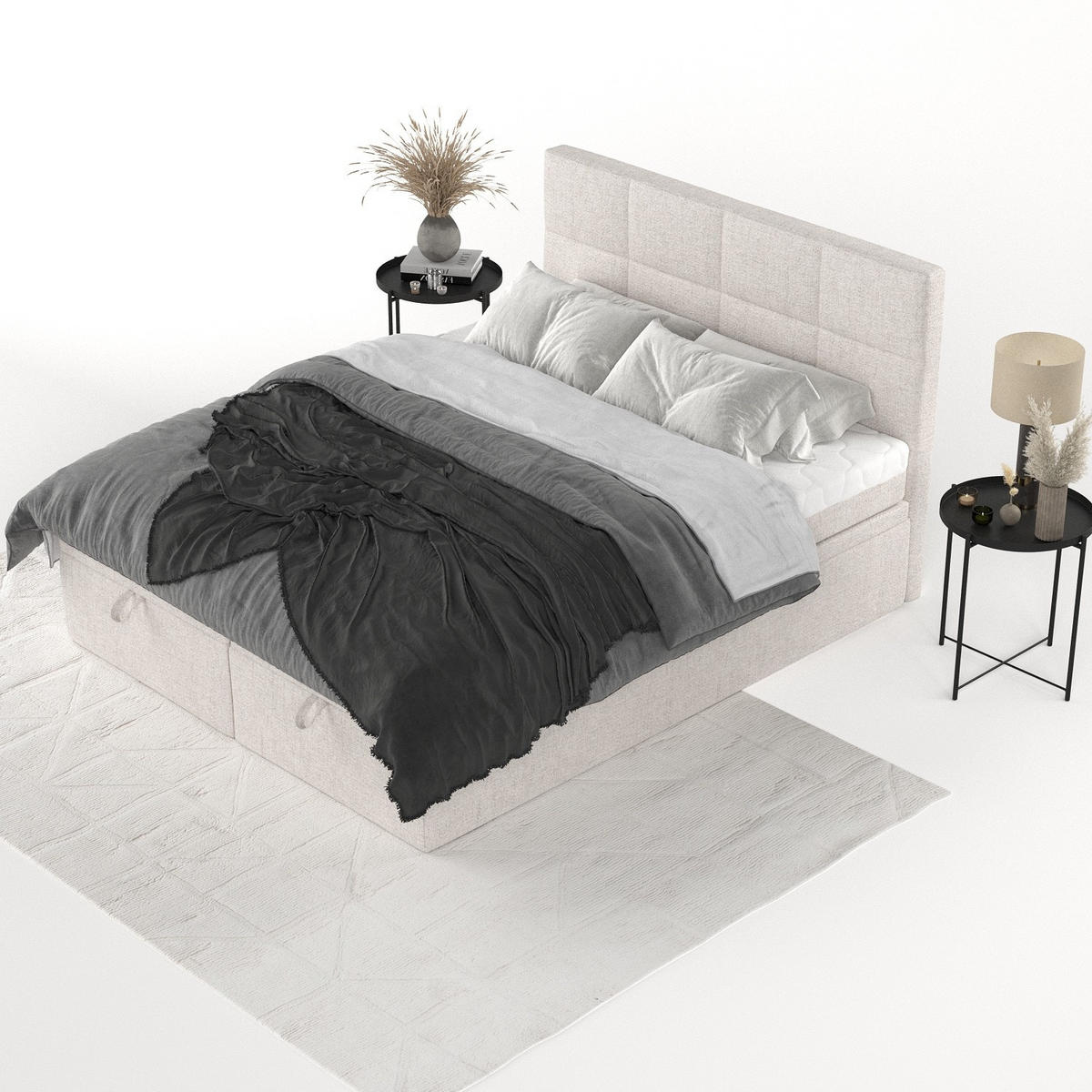 BOXBETT Tessa 200/200 cm Hellbeige im Neve Stoff - Sandfarben/Schwarz, Holz/Holzwerkstoff (200/200cm) - AltaBeds