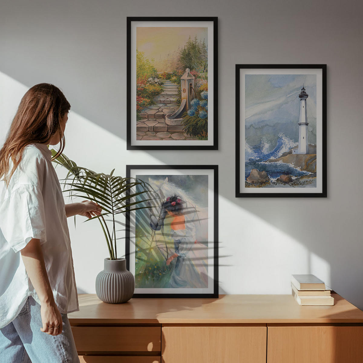 WANDBILDER 3er-Set - 40x60 cm Schwarzer Rahmen - Landschaft Leuchtturm Pferd Mädchen - Schwarz, Kunststoff (40/60cm) - ArtPrintCave