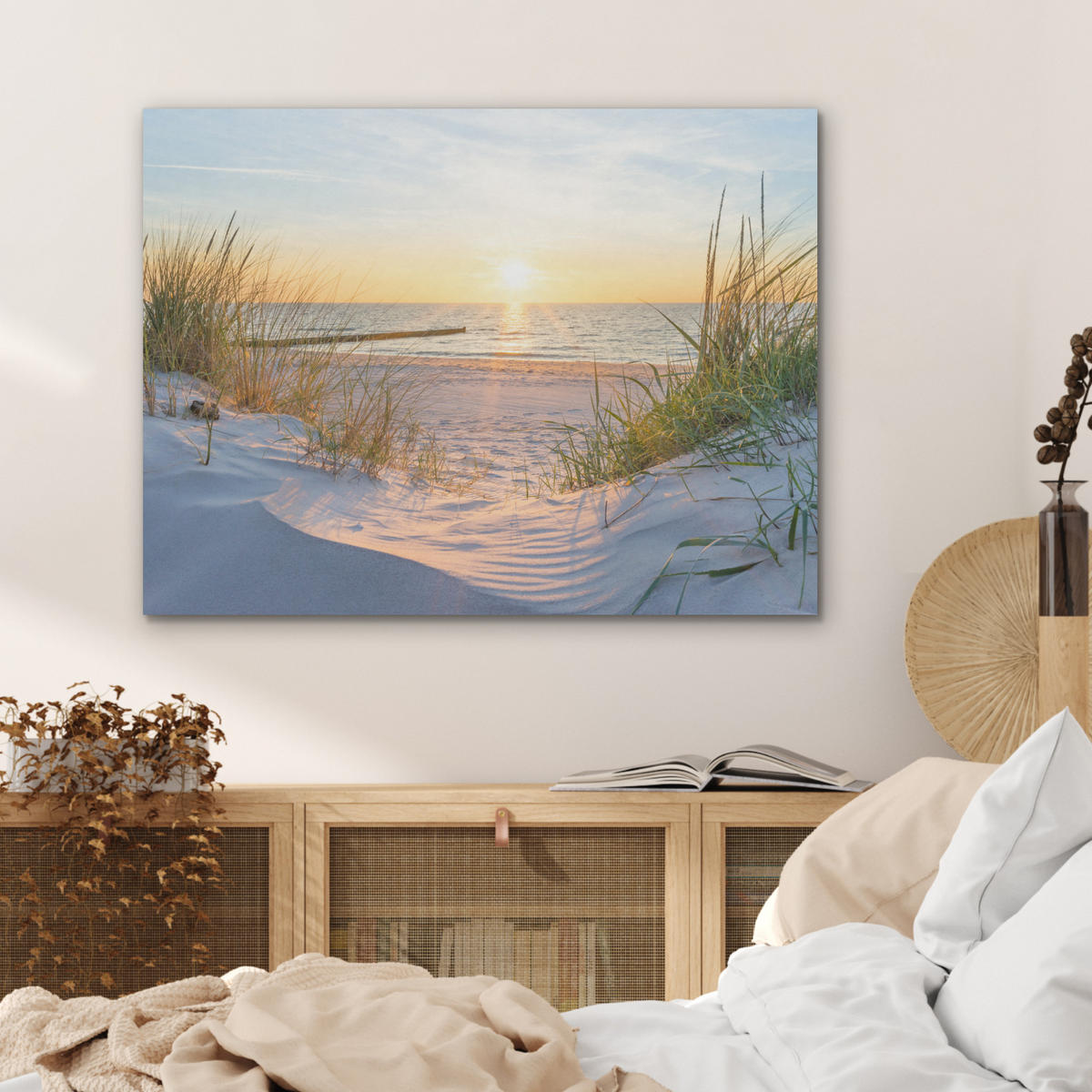 AKUSTIKPANEEL Strand - Sonne - Düne - Gras - Sand - Horizont 80x60 cm - Hellblau, Textil (80/0.9/60cm) - MuchoWow