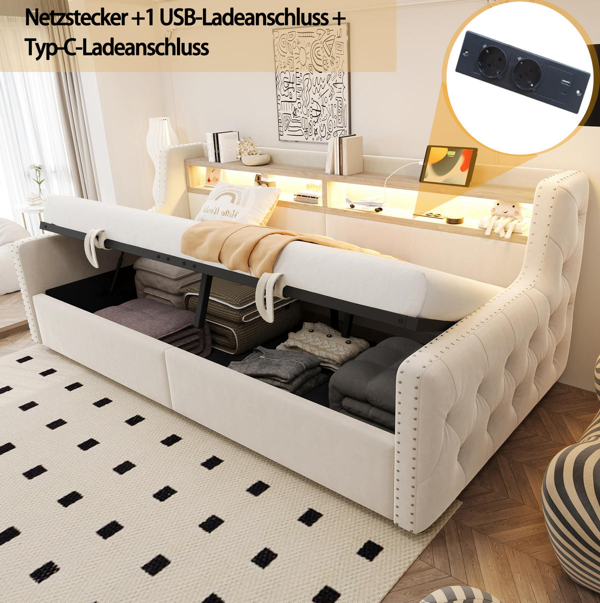 SCHLAFSOFA 90/200 cm Beige aus Samt mit Stauraum und LED - Beige, Textil (90/200cm) - OKWISH