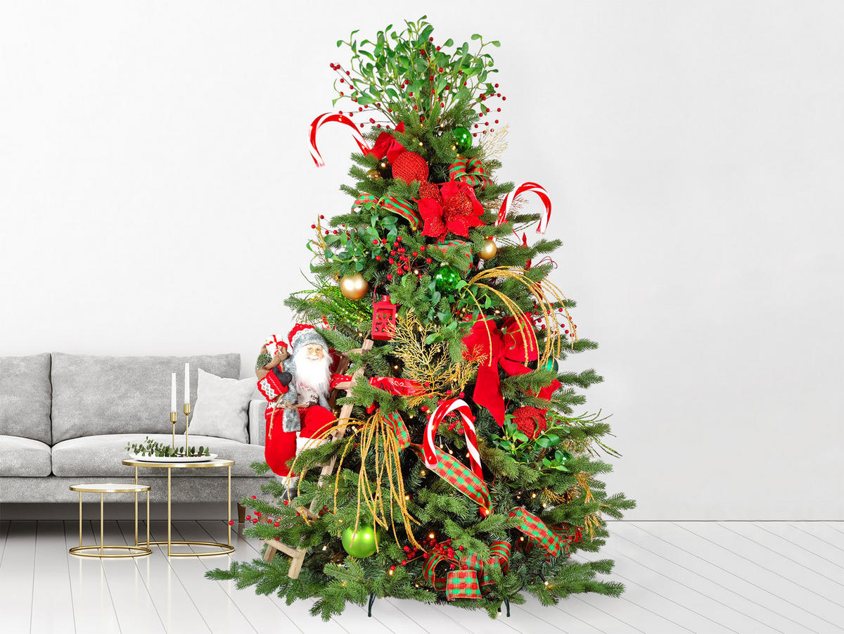 LAALU WEIHNACHTSBAUM geschmückt künstlich mit 87 Ornamenten SANTA CLAUS II 210 cm Baum mit Ständer und Weihnachtsschmuck - Rot/Goldfarben, Kunststoff (210cm) - LAALU