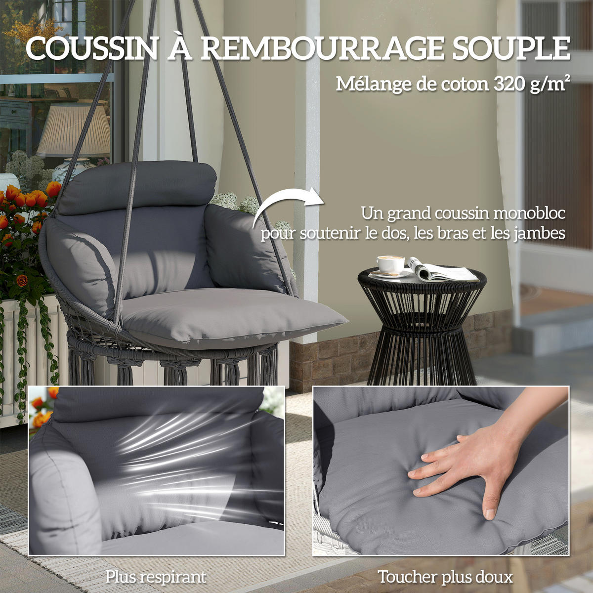 HÄNGESESSEL DE-15321 80/60/40 cm mit Polster und Fransen Dunkelgrau - Dunkelgrau, Metall (60/40/80cm) - ComfortXL
