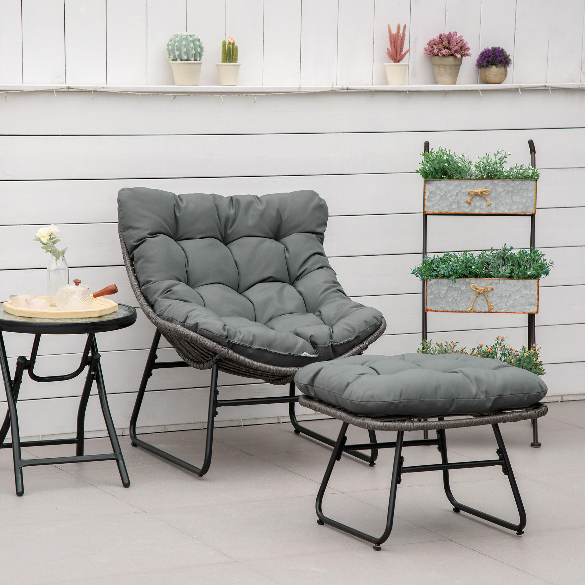 RELAXSESSEL mit Fußhocker Kissen Stahl Polyester Grau 69 x 76 x 70 cm - Grau, Kunststoff (76/70/69cm) - Outsunny