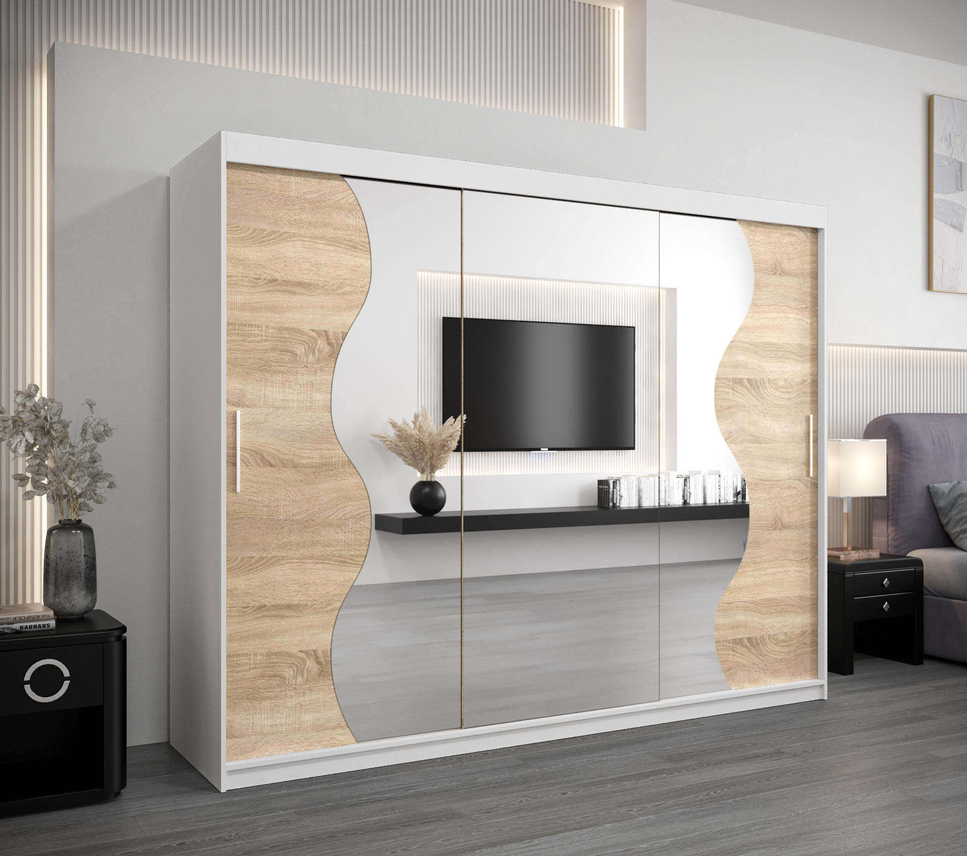 SCHWEBETÜRENSCHRANK 200/250/62 3-türig - Silberfarben/Weiß, Holz/Kunststoff (250/200/62cm) - MÖBEL KRYSPOL