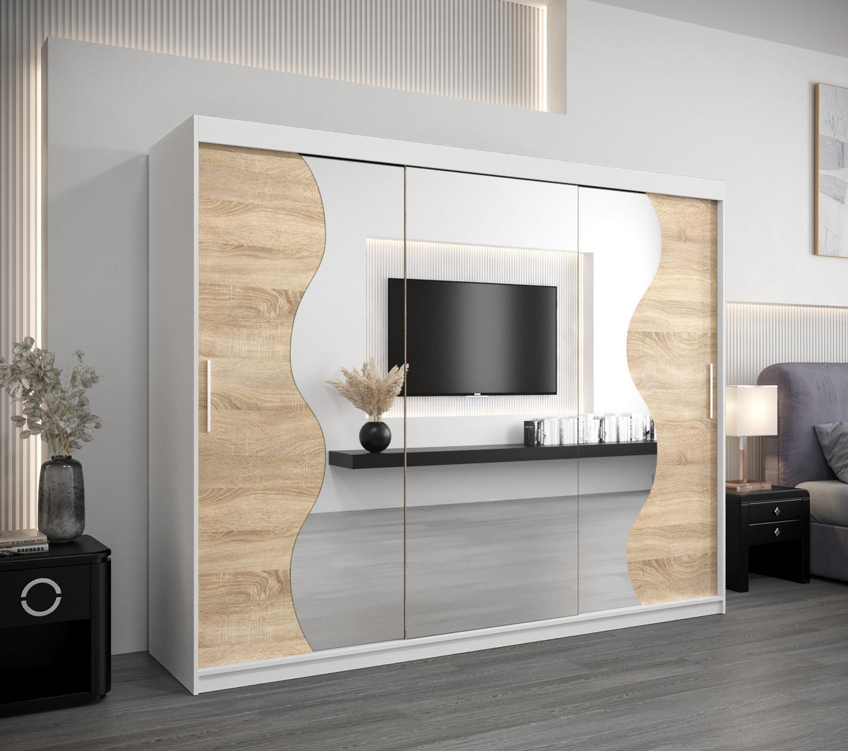 SCHWEBETÜRENSCHRANK 200/250/62 3-türig - Silberfarben/Weiß, Holz/Kunststoff (250/200/62cm) - MÖBEL KRYSPOL