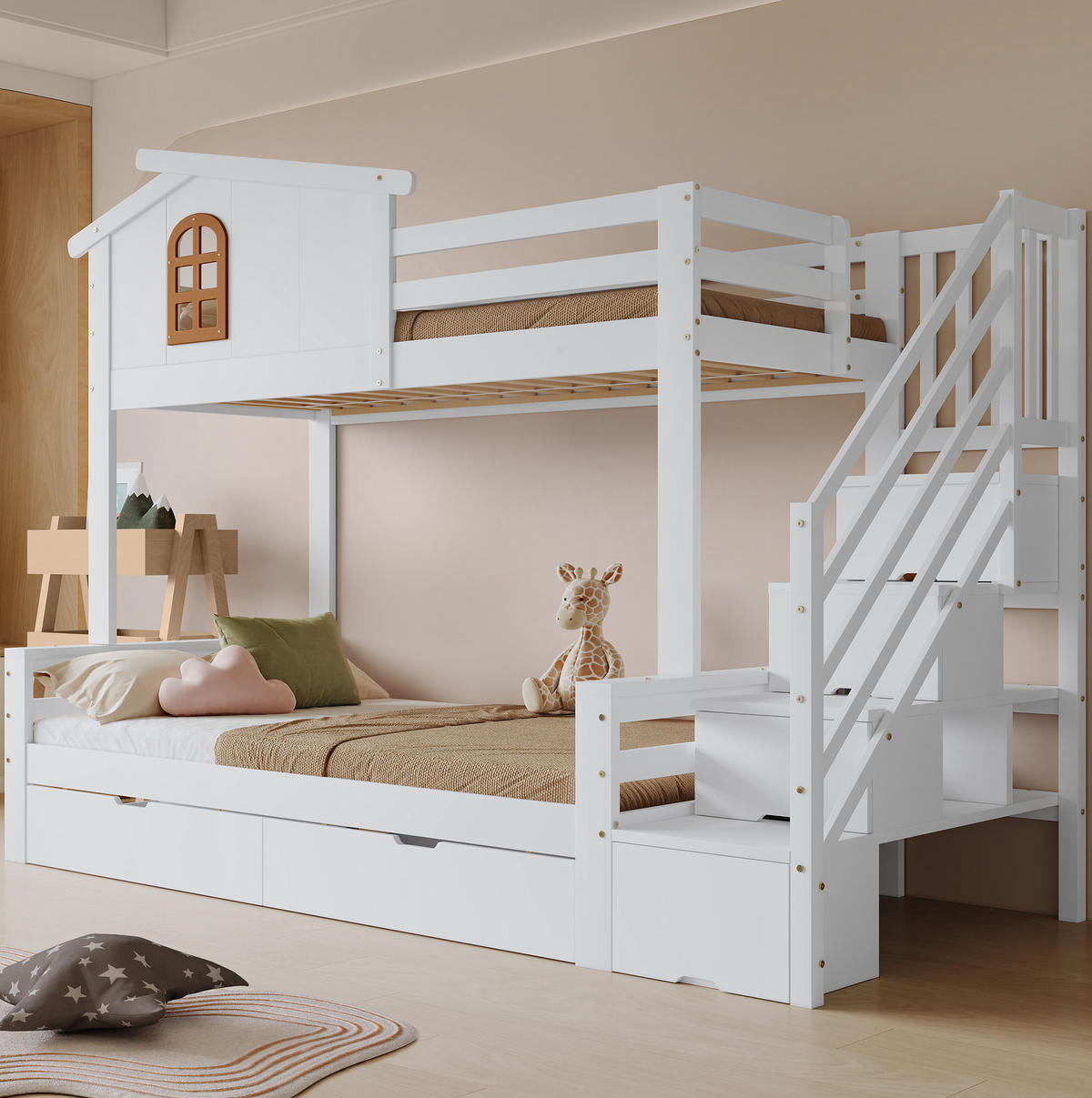 ETAGENBETT 90/200 cm und 120/200 cm Weiß Natur mit Schubladen ohne Matratze - Weiß, Holz (90/200cm) - MIVRAY