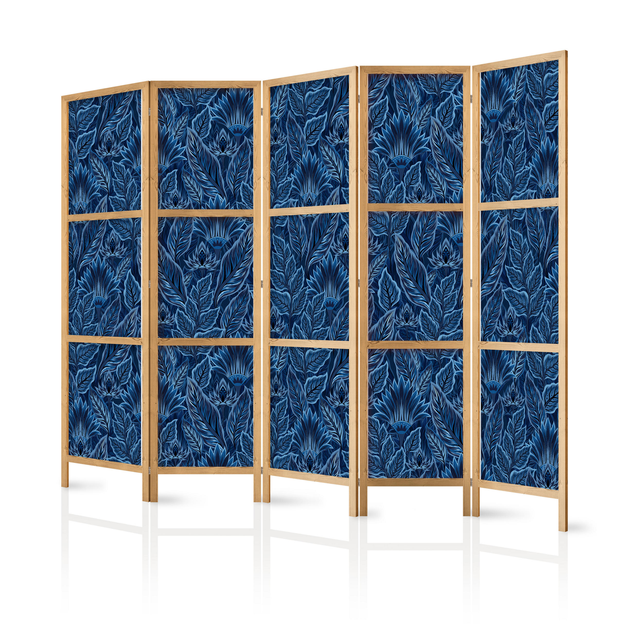 PARAVENT Japanischer 5-tlg 225x172 cm Blaue Bl tter - Blau, Holz/Textil (225/172/3cm) - Muralo