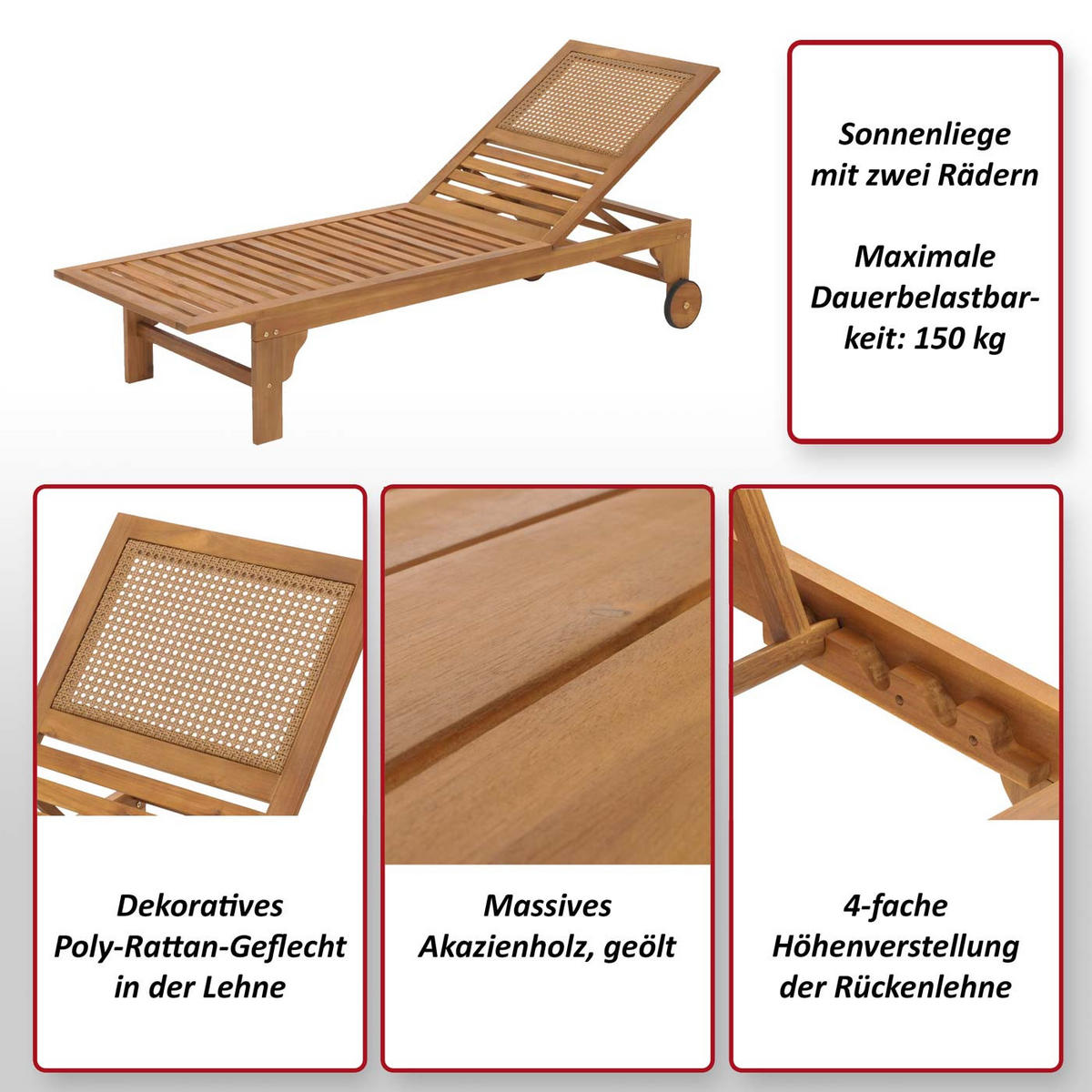 SONNENLIEGE Akazie Dekor - Akaziefarben, Holz (66/110/201cm) - MCW