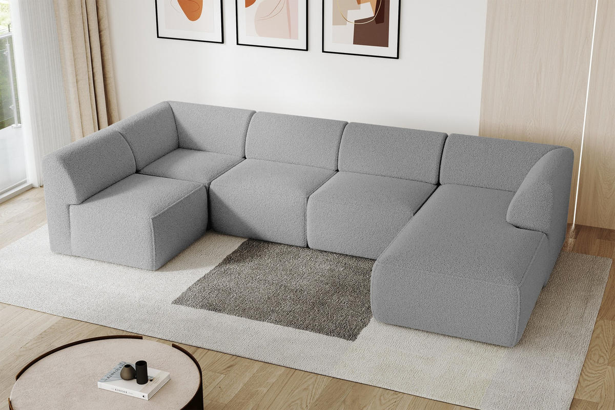 WOHNLANDSCHAFT Ottomane Rechts MOVA 345x180x78 Hellgrau Bouclé - Silberfarben/Hellgrau, Holzwerkstoff/Kunststoff (345/78/180cm) - ALTDECOR