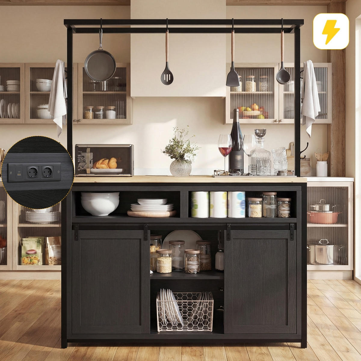KÜCHENINSEL Küchenschrank mit Arbeitsplatte STROMANSCHLUSS Holzoptik Schwarz 107/62/183 cm - Schwarz, Kunststoff (62/183/107cm) - Rolipo