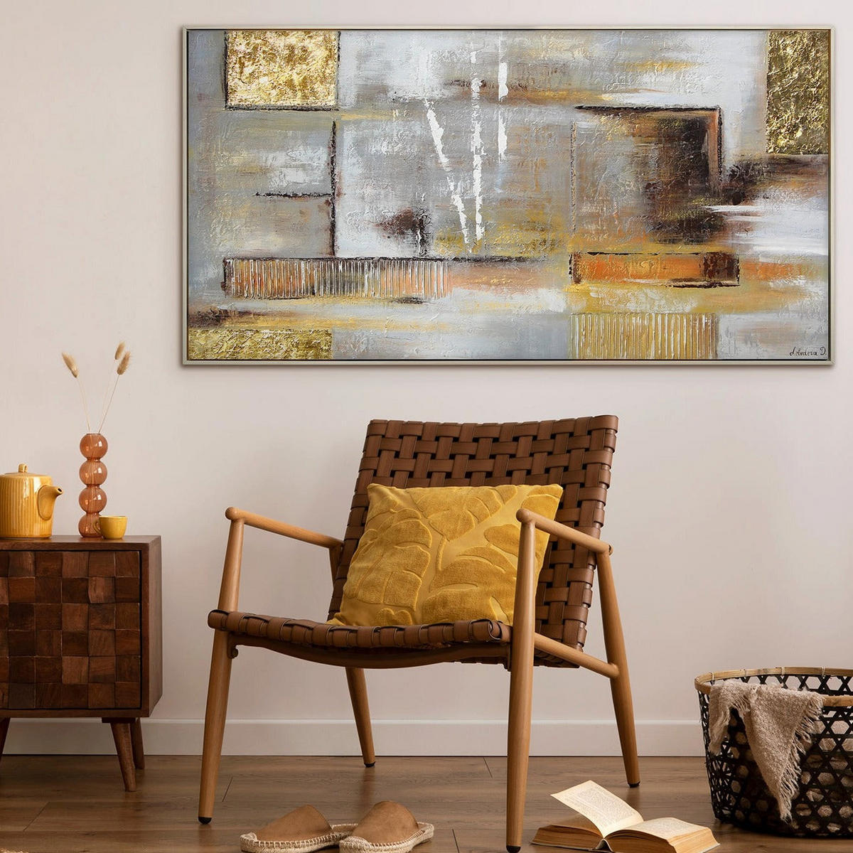 GEMÄLDE Goldene Abstraktion Schattenfugenrahmen beige 100x50 cm - Beige, Holz (100/50cm) - YS-art gallery