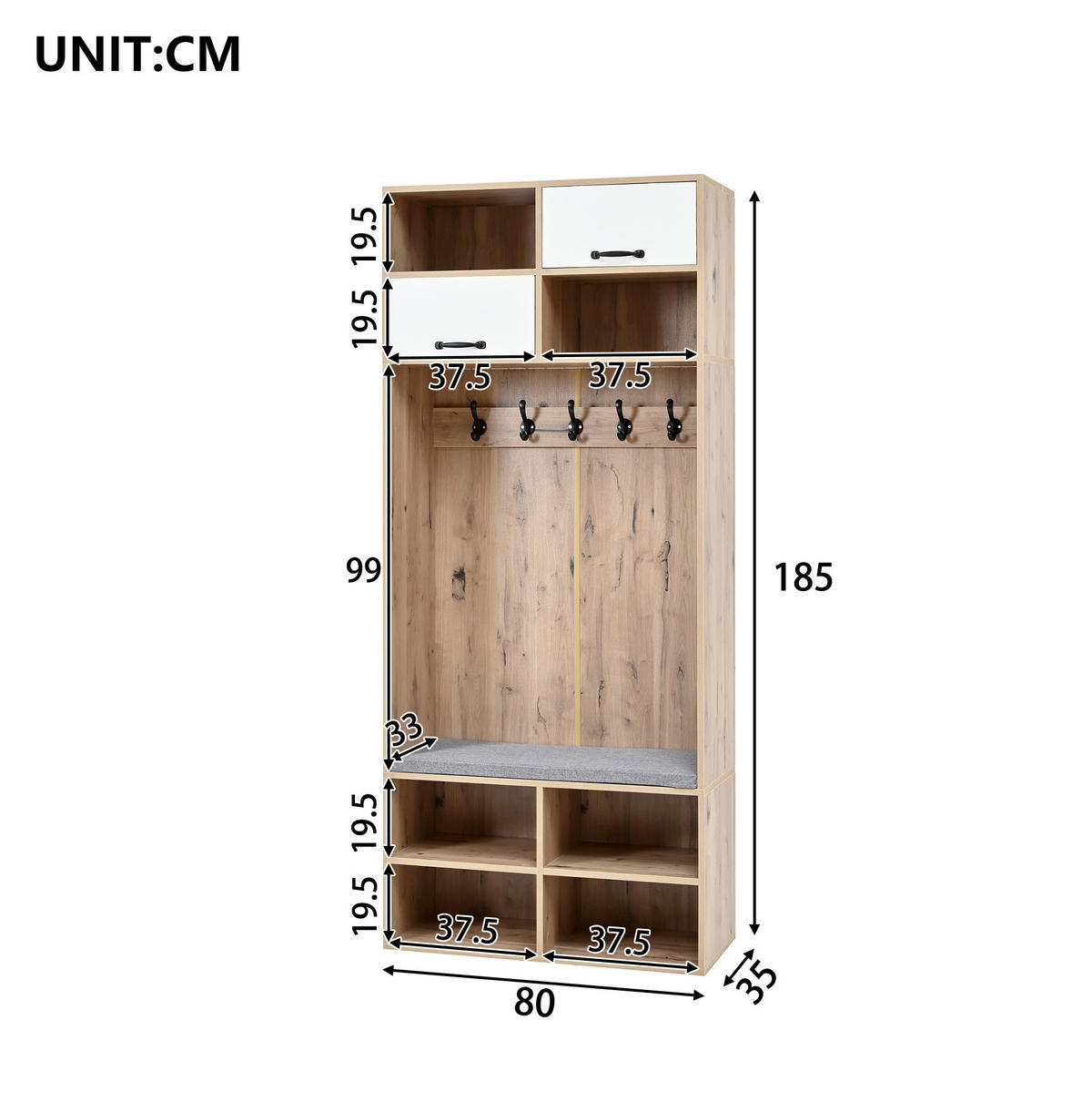 GARDEROBENSET 80/35/185 cm aus Spanplatte mit Sitzbank und LED-Beleuchtung Weiß/Naturfarben - Naturfarben, Holzwerkstoff (80/185/35cm) - Modenvie