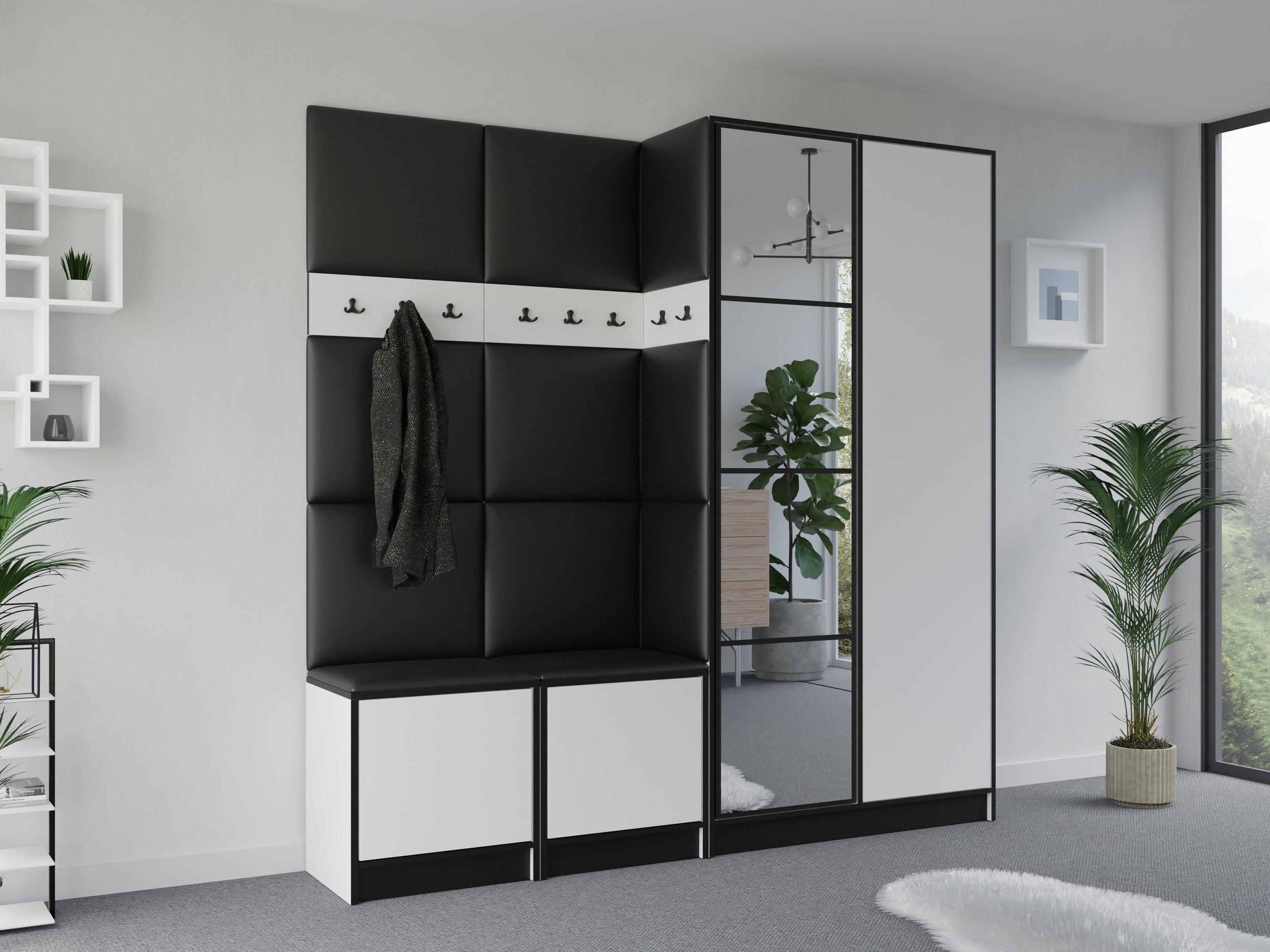 GARDEROBENSCHRANK EDEN 21 mit Spiegel - Weiß & Stoff Ökoleder Schwarz - Weiß, Holzwerkstoff (211/205/39cm) - Kier Furniture