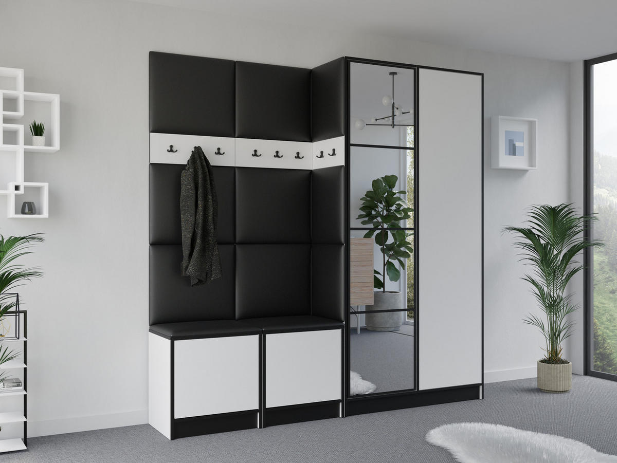 GARDEROBENSCHRANK EDEN 21 mit Spiegel - Weiß & Stoff Ökoleder Schwarz - Weiß, Holzwerkstoff (211/205/39cm) - Kier Furniture