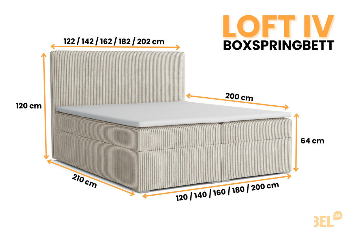 BOXBETT LOFT IV 180/200 Cord Ecru mit Taschen-Federkernmatratzen 7 Zonen H4 - Ecru, Holz/Holzwerkstoff (180/200cm) - Deine Möbel 24