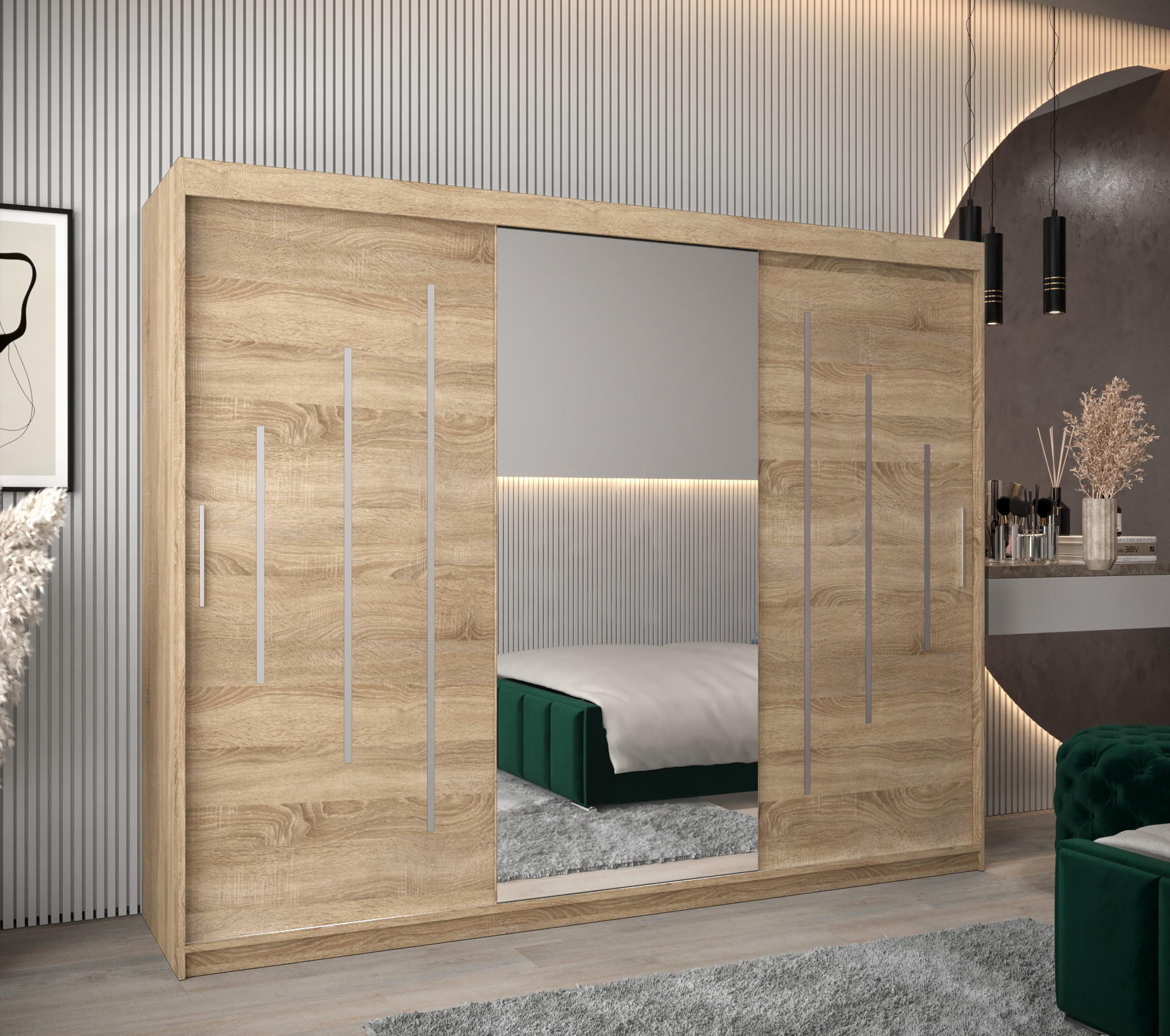 SCHWEBETÜRENSCHRANK 200/250/62 3-türig - Silberfarben/Sonoma Eiche, Holz/Kunststoff (250/200/62cm) - Abiks Möbel