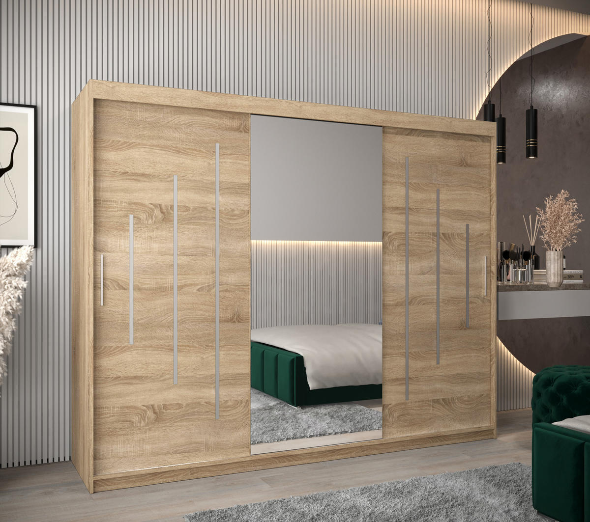 SCHWEBETÜRENSCHRANK 200/250/62 3-türig - Silberfarben/Sonoma Eiche, Holz/Kunststoff (250/200/62cm) - Abiks Möbel