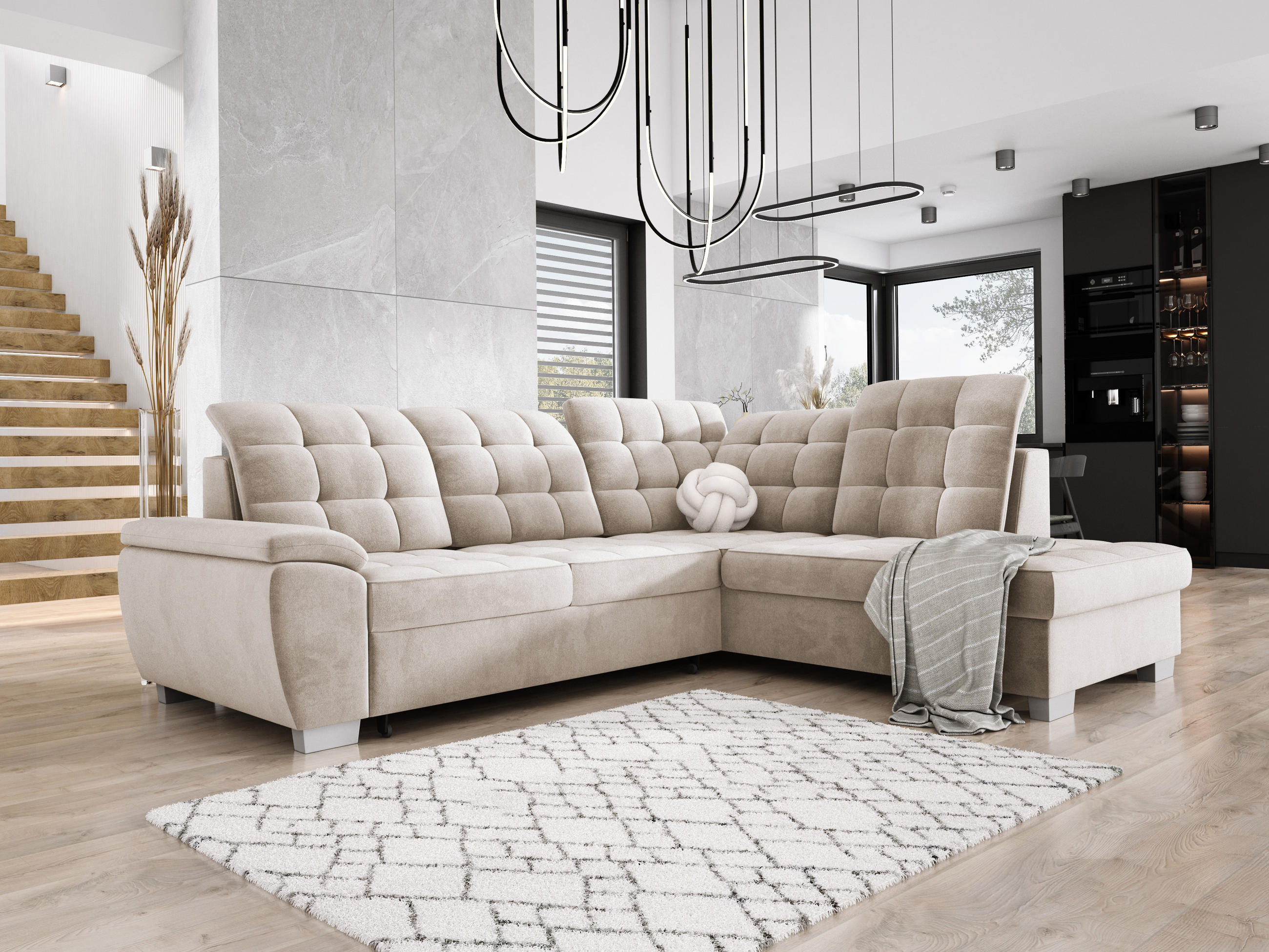 ECKSOFA LOTTA SALVADOR Bettkasten verstellbare Kopfstützen hochwertige Verarbeitung lose Rückenkissen freistehend RECHTS 258x212x106 cm Beige - Beige, Holz/Textil (258/212cm) - DomoHome