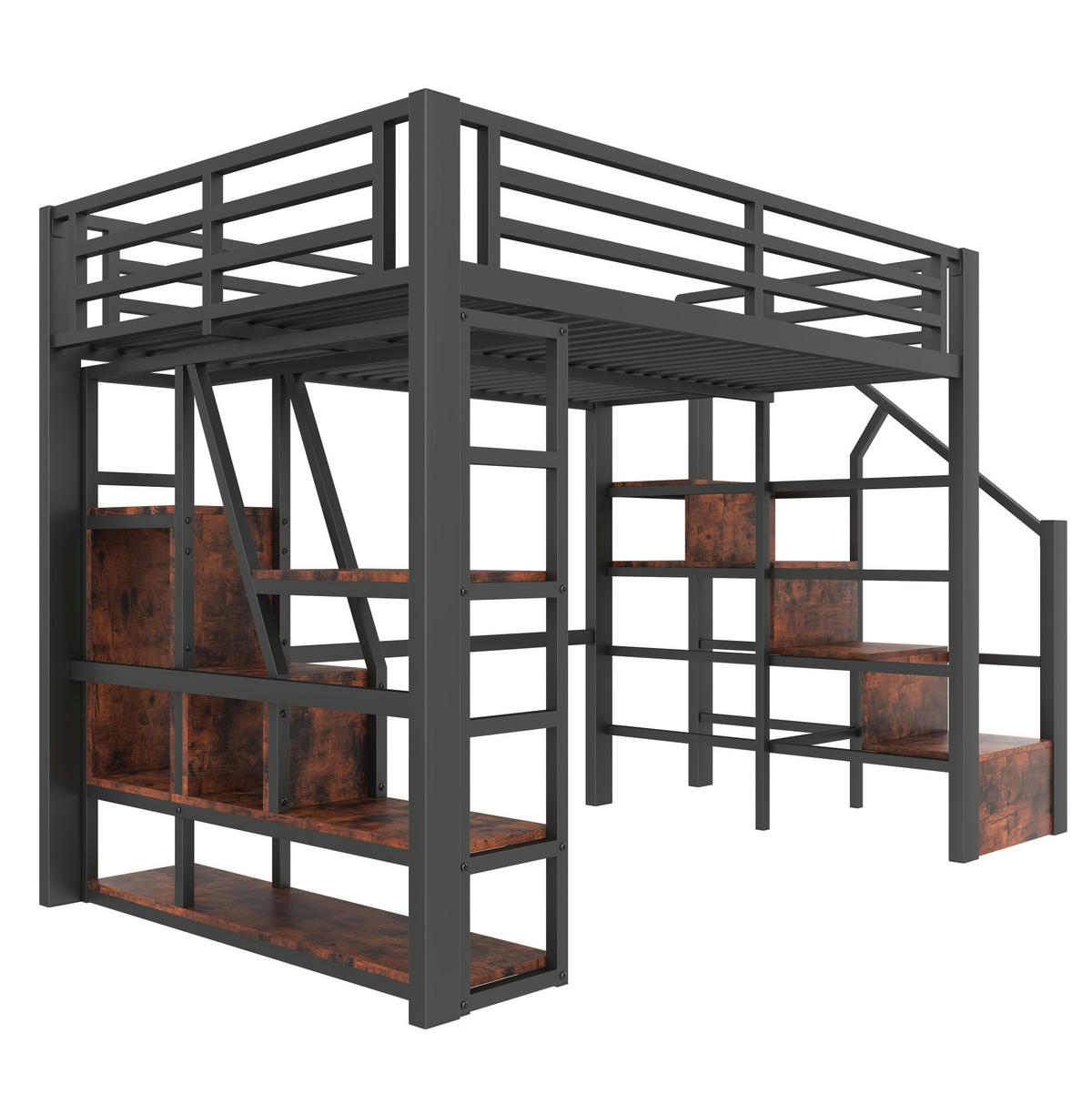 HOCHBETT 140/200 cm aus Metall und MDF mit LED-Lichtleiste und Stauraum Schwarz - Schwarz, Holzwerkstoff (140/200cm) - Modenvie
