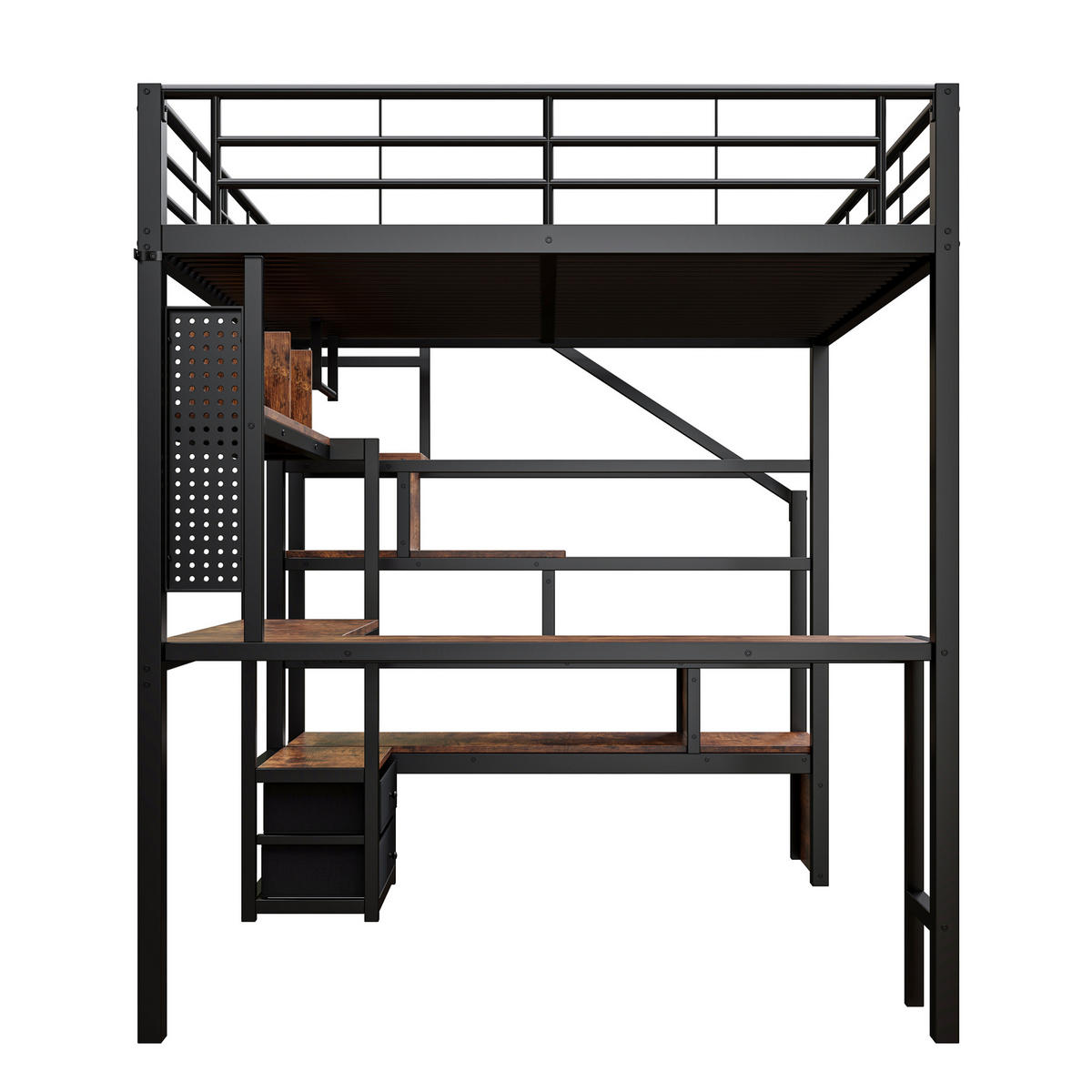 HOCHBETT 140/200 cm mit Eisenrahmen Schwarz, Schreibtisch, Stauraumtreppe und LED-Licht - Schwarz, Metall