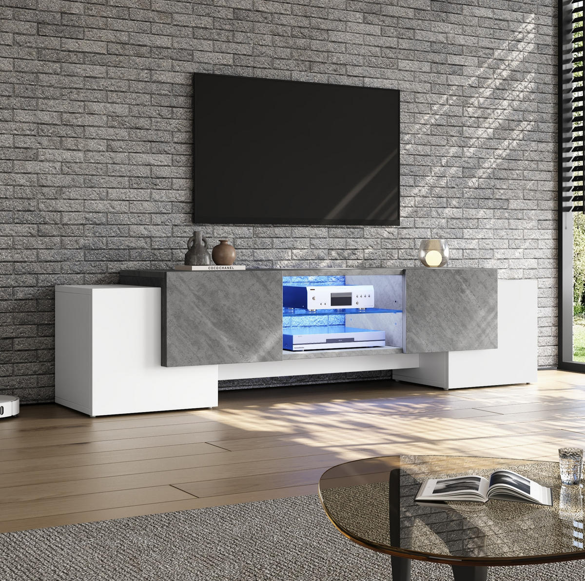 TV stolek 180/40/46,5 cm s LED osvětlením, tichými panty a variabilním úložným prostorem, Bílá/šedá - bílá, kompozitní dřevo (180/46.5/40cm) - Redom