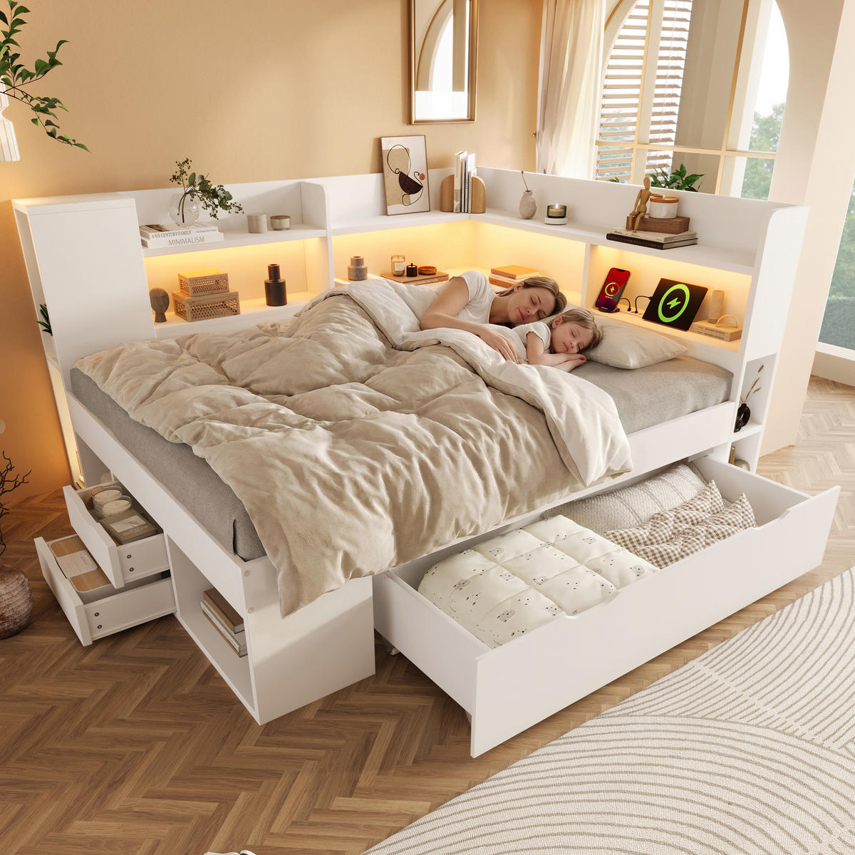 POLSTERBETT 140x200 cm in Weiß mit LED-Beleuchtung & USB-C - Weiß, Holzwerkstoff (140/200cm) - Modfu