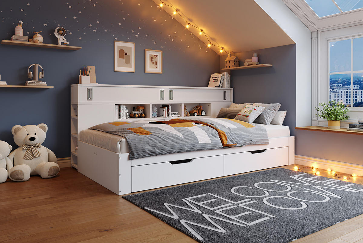 KINDERBETT 90/200 cm Weiß aus MDF mit Schubladen und Regal - Weiß, Holzwerkstoff (90/200cm) - OKMYHOME