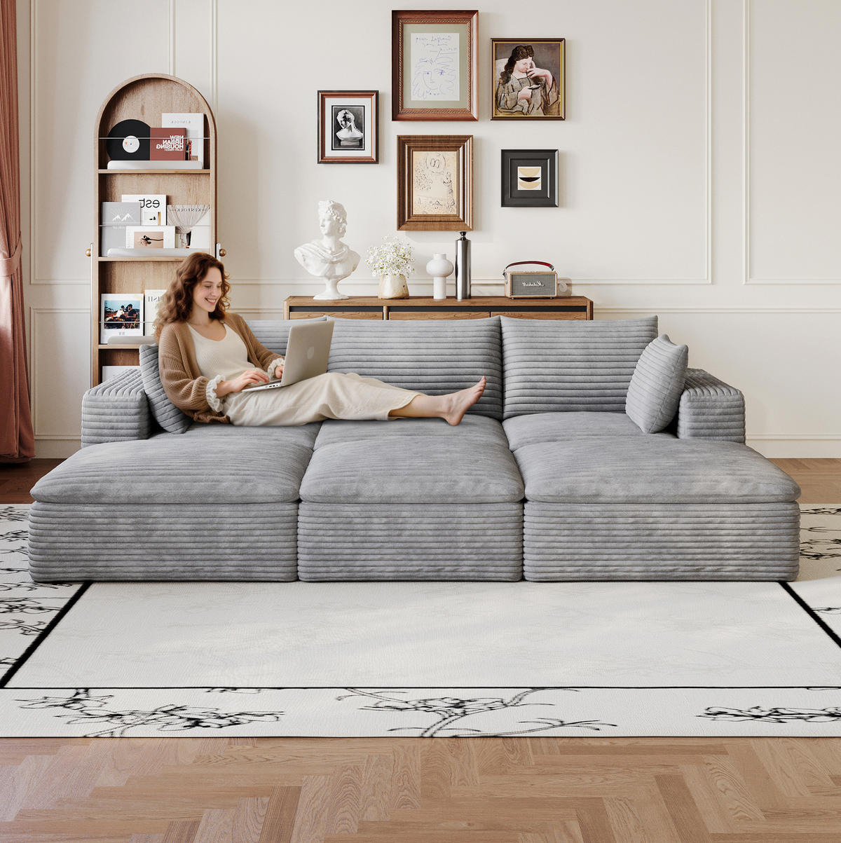 3-SITZER aus Stoff 260 cm Grau modular mit Schaumstoffkern und flexibel kombinierbaren Elementen - Grau, Textil (260/60/160cm) - Modfu