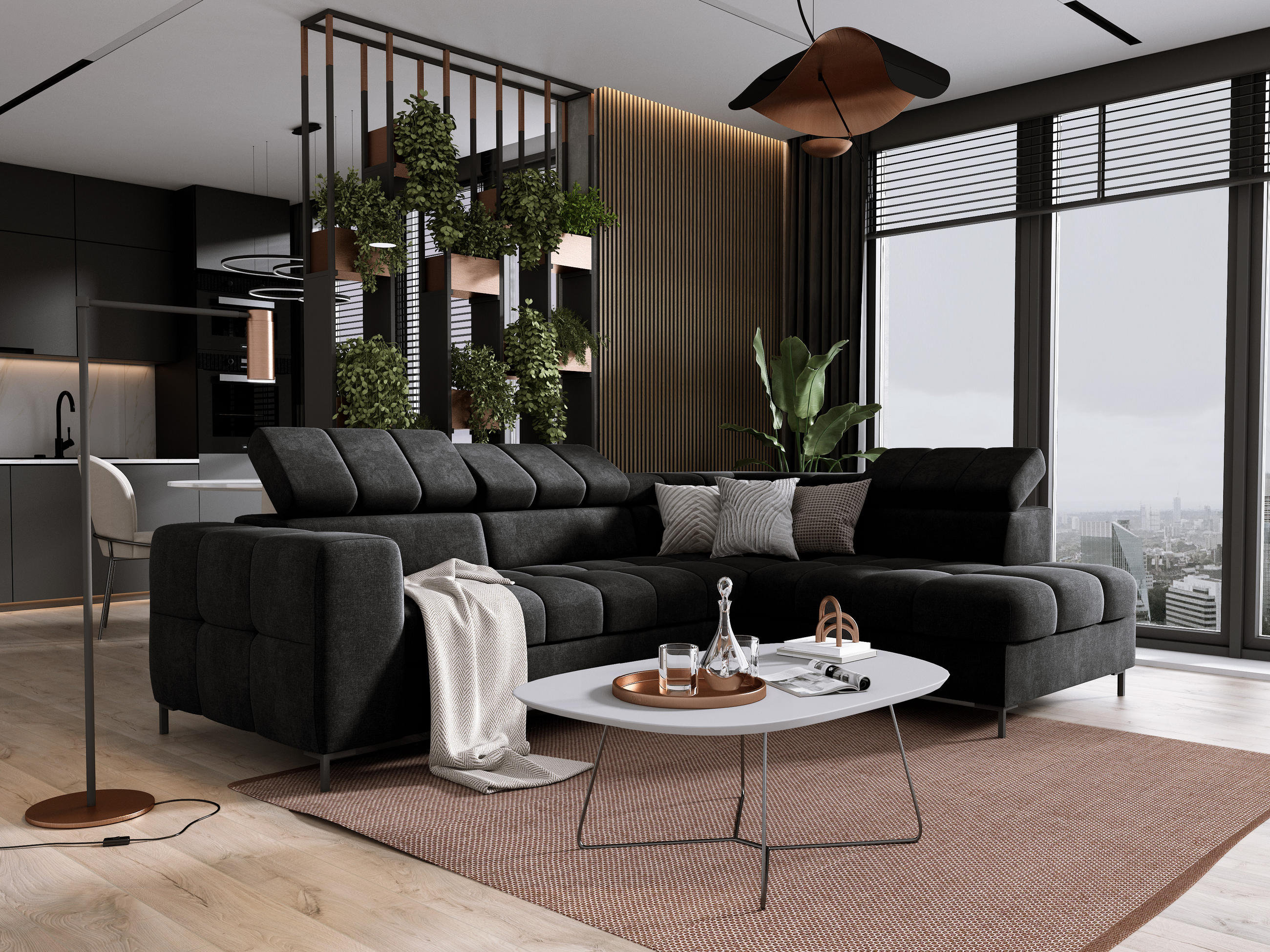 ECKSOFA PABLOS 279x201cm, Schlaffunktion, Stauraum, schwarz, links - Dunkelgrau, Holz/Textil (279/201cm) - DomoHome