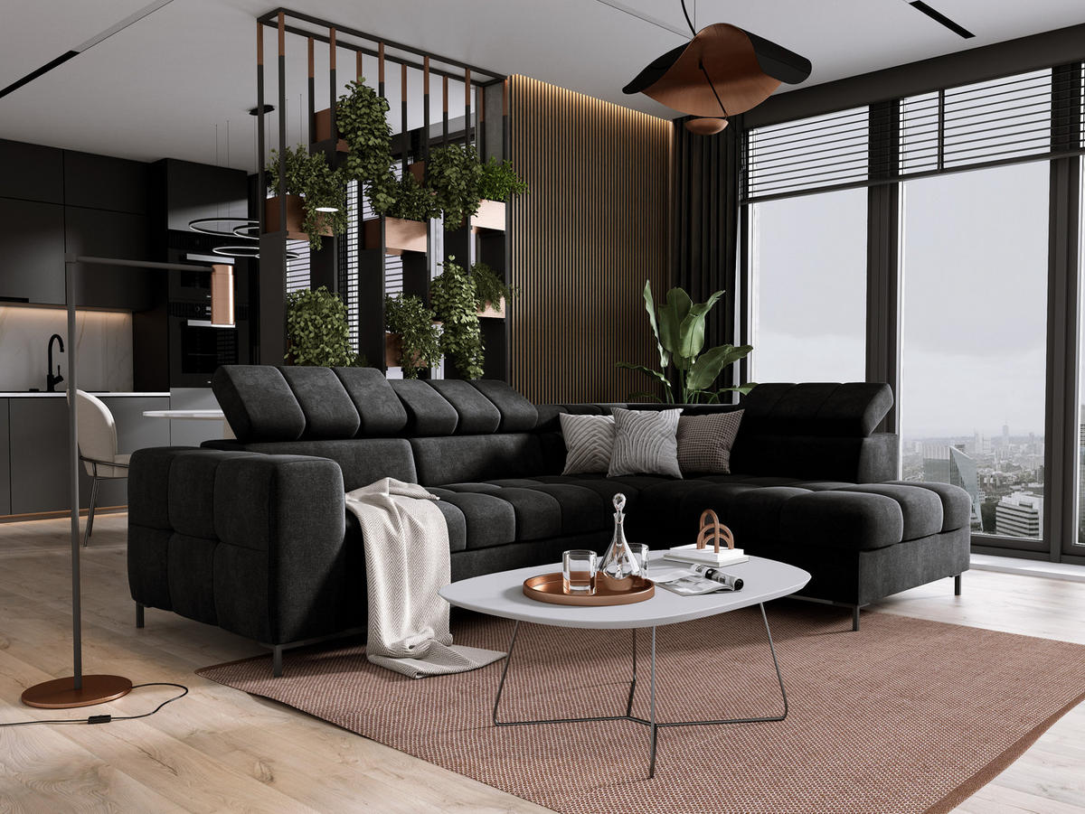 ECKSOFA PABLOS 279x201cm, Schlaffunktion, Stauraum, schwarz, links - Dunkelgrau, Holz/Textil (279/201cm) - DomoHome