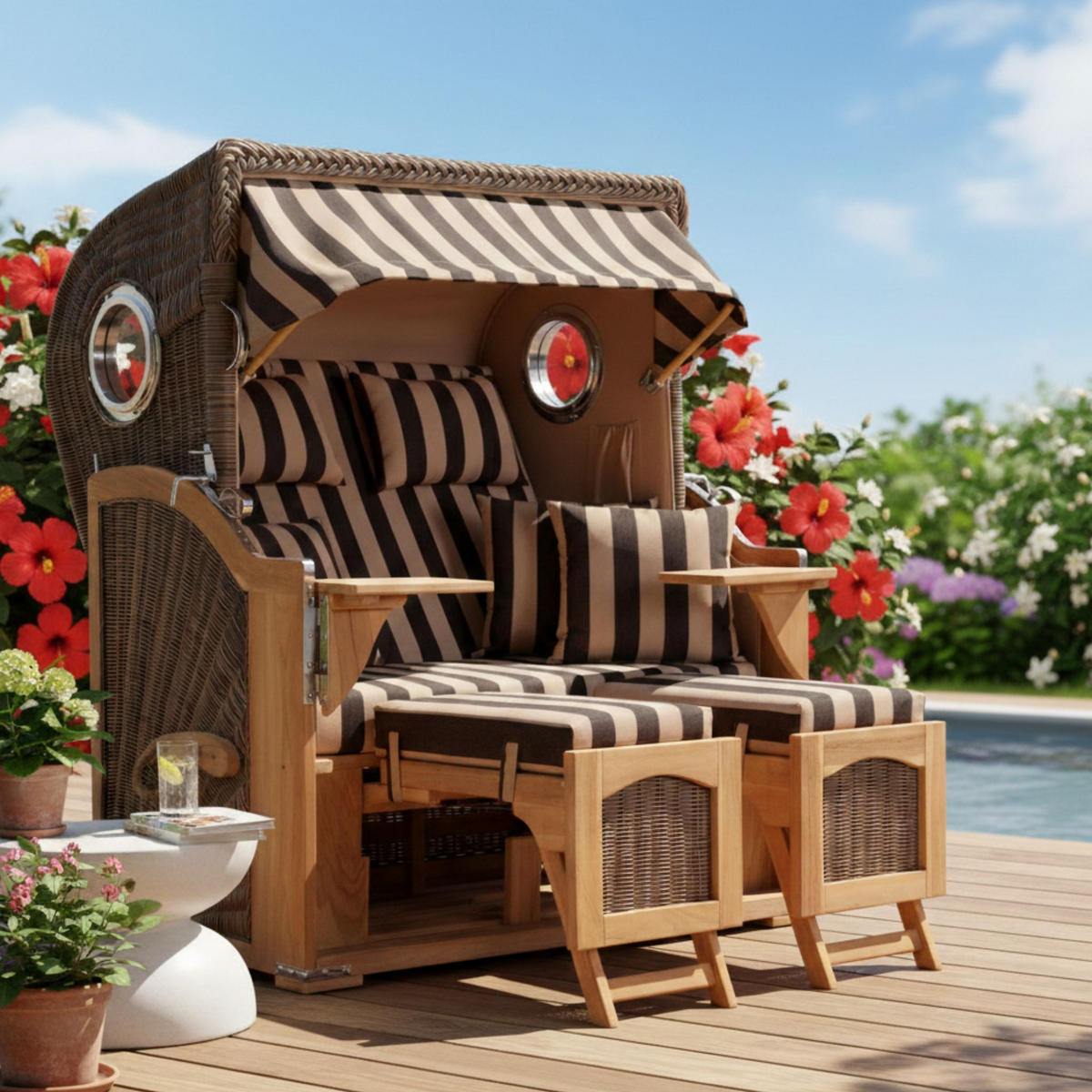 STRANDKORB Düne 2 Sitzer Teak PE Grey - Blau/Braun, Holz/Metall (125/170/80cm) - Mr. Deko