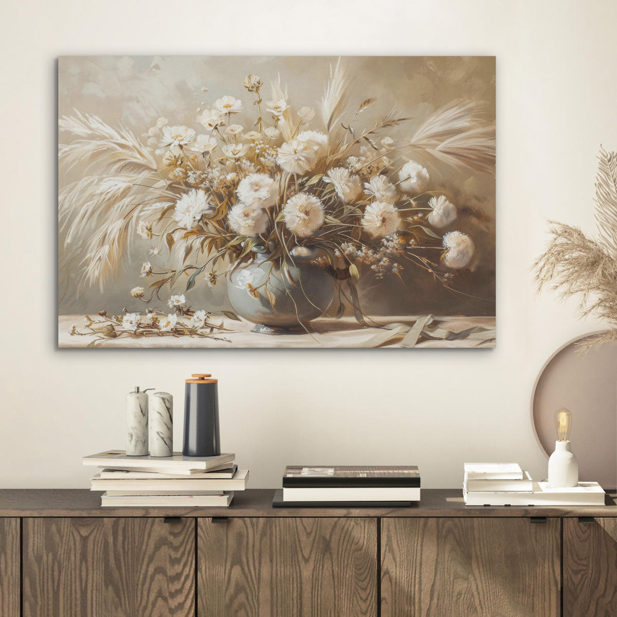 AKUSTIKBILD Blumen - Vase - Stilleben - Beige Wanddeko 70x50 cm - Creme, Kunststoff (70/50/0.9cm) - MuchoWow