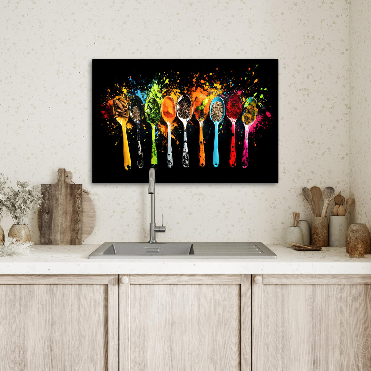 LEINWANDBILD Löffel - Gewürze - Modern - Graffiti - Farbe - Farbenfroh Gemälde 60x40 cm - Multicolor, Textil (60/40cm) - MuchoWow