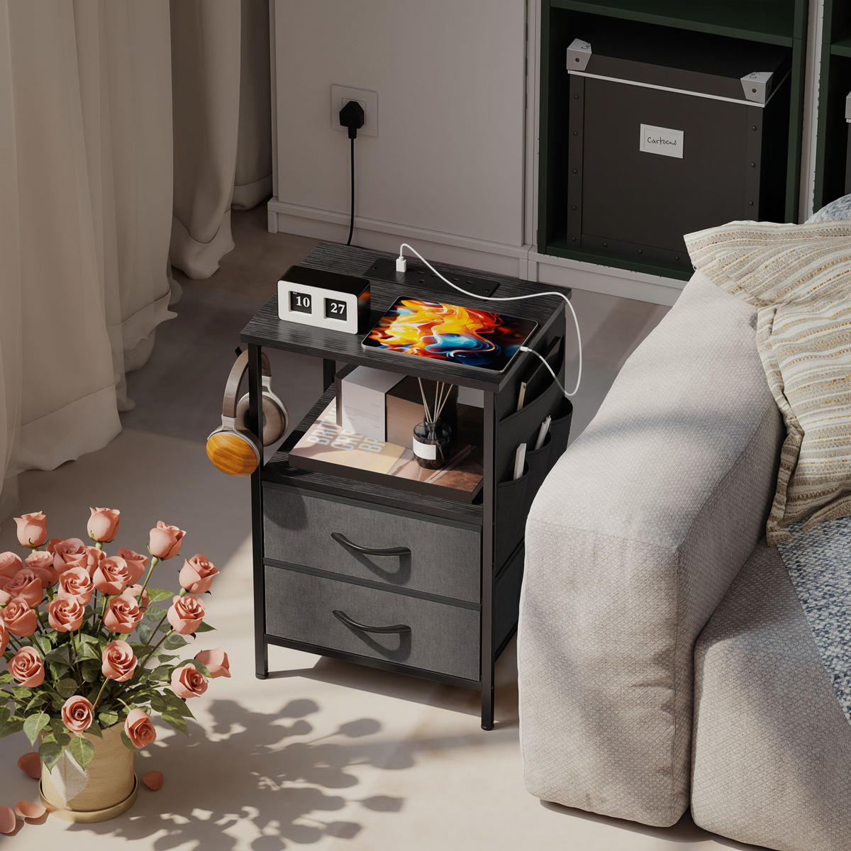 COUCHTISCH DE-08768 mit Ladestation, USB-C & Schubladen Schwarz - Schwarz, Metall (40/30/60cm) - ComfortXL