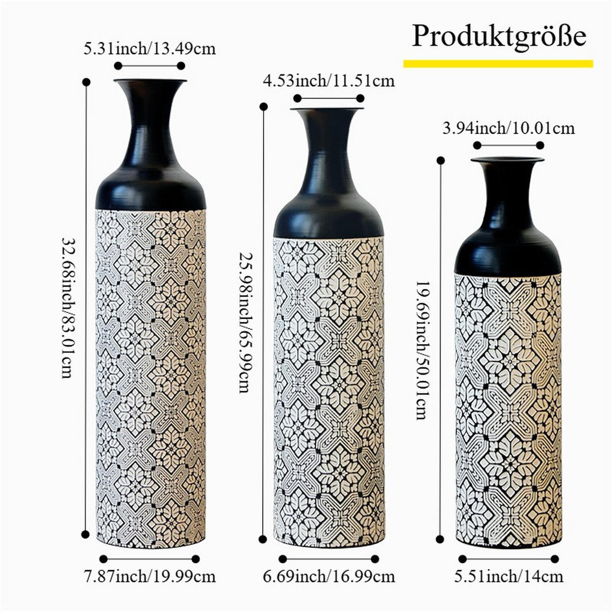 BODENVASE 3-tlg Bodenvase-Set 50-83cm Stapelbare Metallvase Geometrisch für Trockenblumen - Schwarz, Metall (69.5cm) - Raelunyi