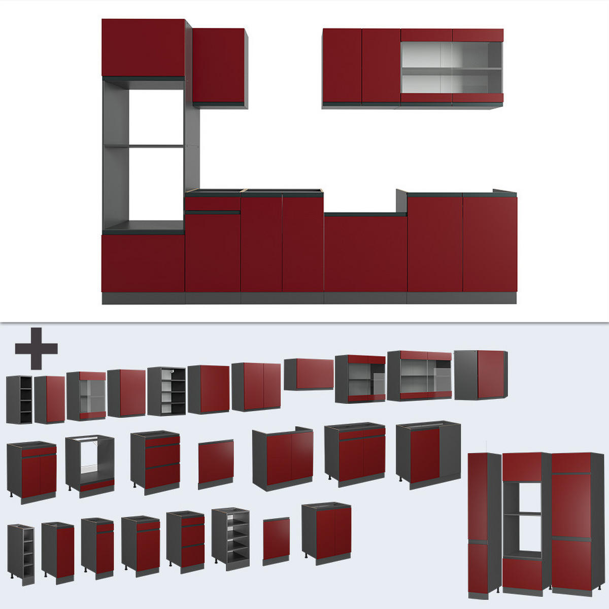KÜCHENZEILE R-Line Rot/Anthrazit 300 cm mit Hochschrank, AP Eiche - Anthrazit/Rot, Holzwerkstoff (300/81.6/60cm) - Vicco