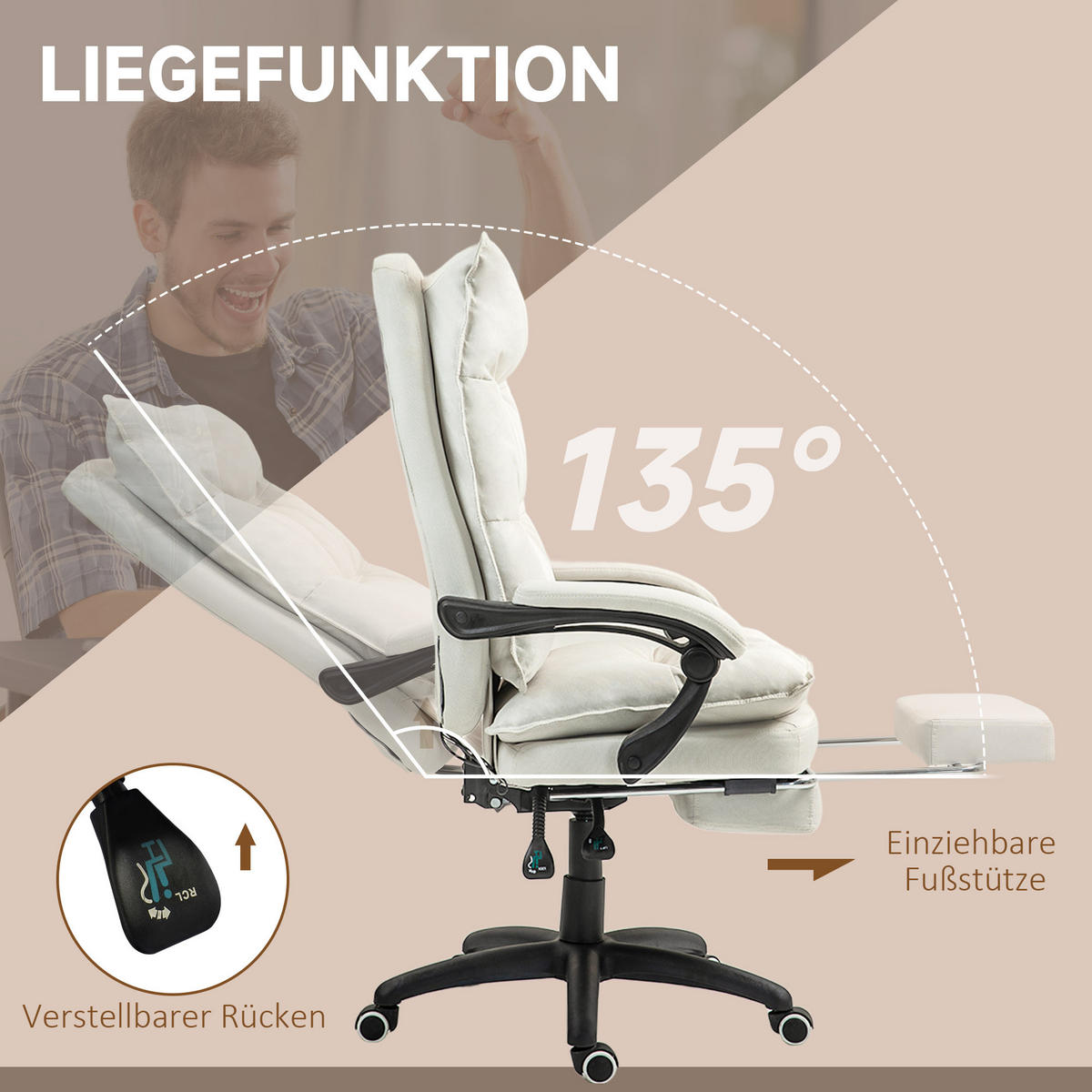 BÜROSTUHL mit 6 Punkt Massage, ergonomischer Gaming Sessel mit Liegefunktion - Creme, Kunststoff (62/130/70cm) - Vinsetto