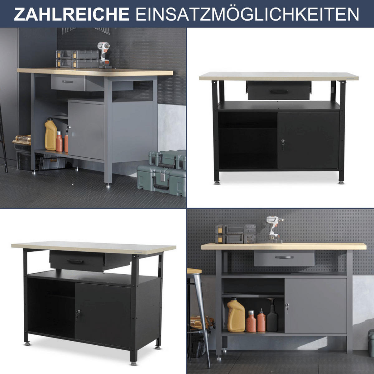 WERKBANK Werkstatt ERWA 85x120x60cm Schwarz - Schwarz, Metall (120/85/60cm) - DELUKE