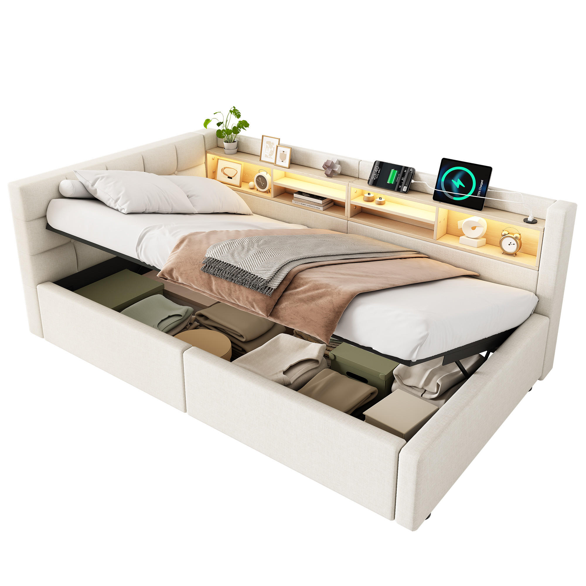 TAGESBETT 90x200cm Schlafsofa Hydraulik LED USB Beige - Beige, Naturmaterialien (90/200cm) - FLIEKS