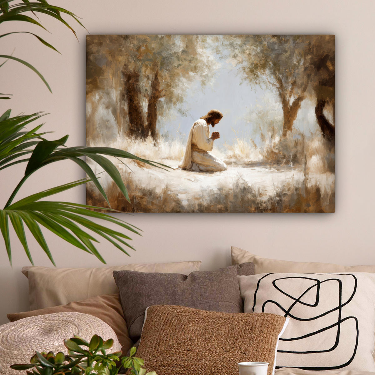 LEINWANDBILD Jesus - Kniend - Waldlandschaft - Betend Wandbilder 80x60 cm - Beige/Hellblau, Textil (80/60cm) - MuchoWow